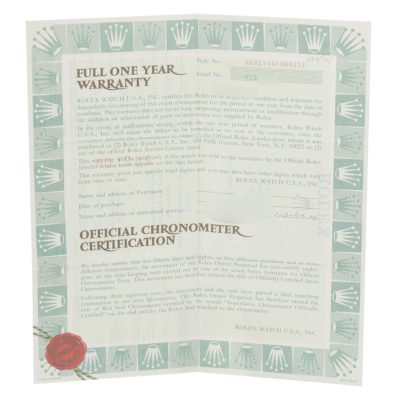 The image shows a full one-year warranty and official chronometer certification for a Rolex Mid-Size 68274 Women
s Stainless Steel Silver Dial 68274 Women
s Stainless Steel Silver Dial model watch.