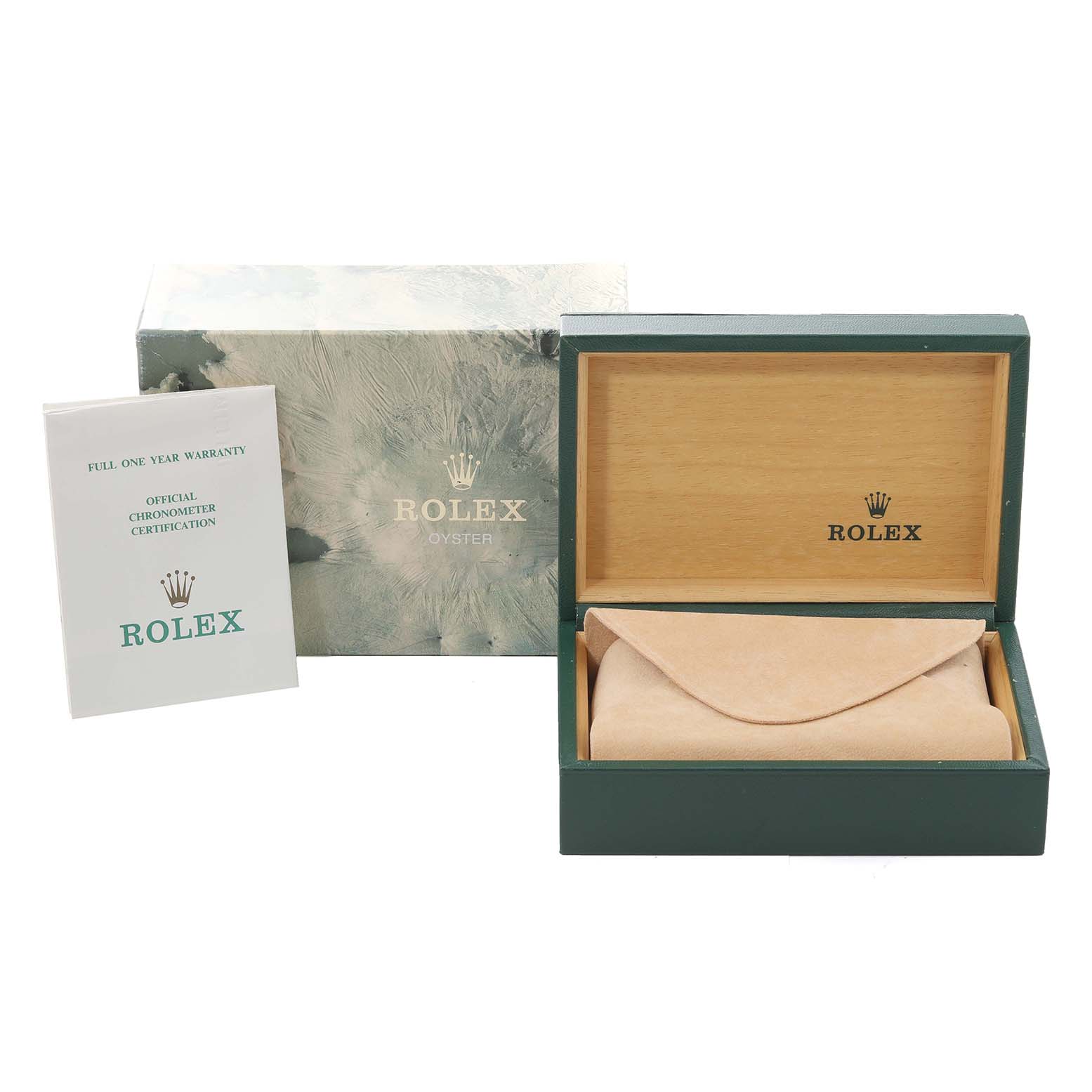 This image shows a Rolex Mid-Size 68274 Women
s Stainless Steel Silver Dial 68274 Women
s Stainless Steel Silver Dial model
s packaging, including the outer box, inner box, warranty card, and documentation.