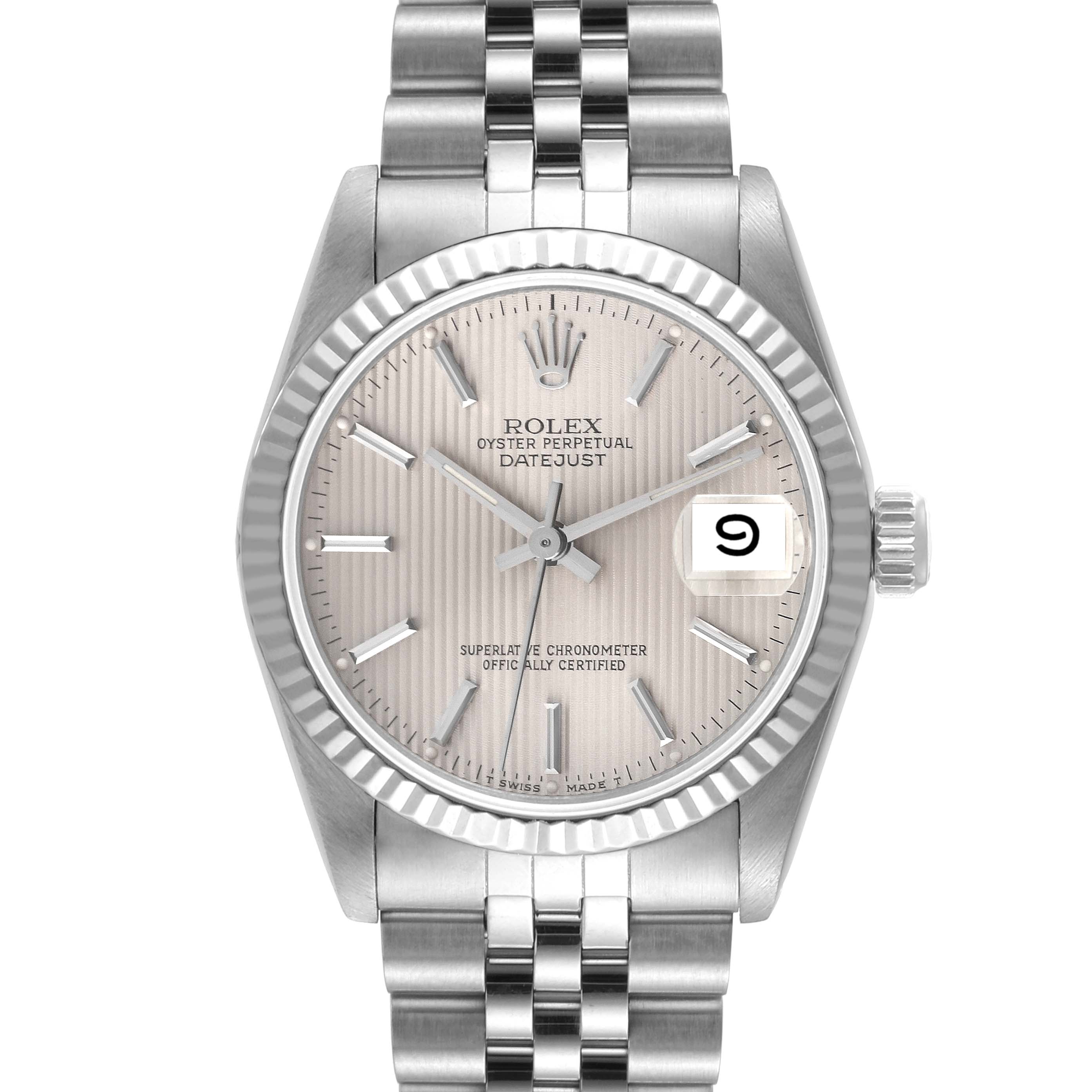 This image shows a front view of a Rolex Mid-Size 68274 Women
s Stainless Steel Silver Dial 68274 Women
s Stainless Steel Silver Dial Oyster Perpetual Datejust with a silver dial and Jubilee bracelet.