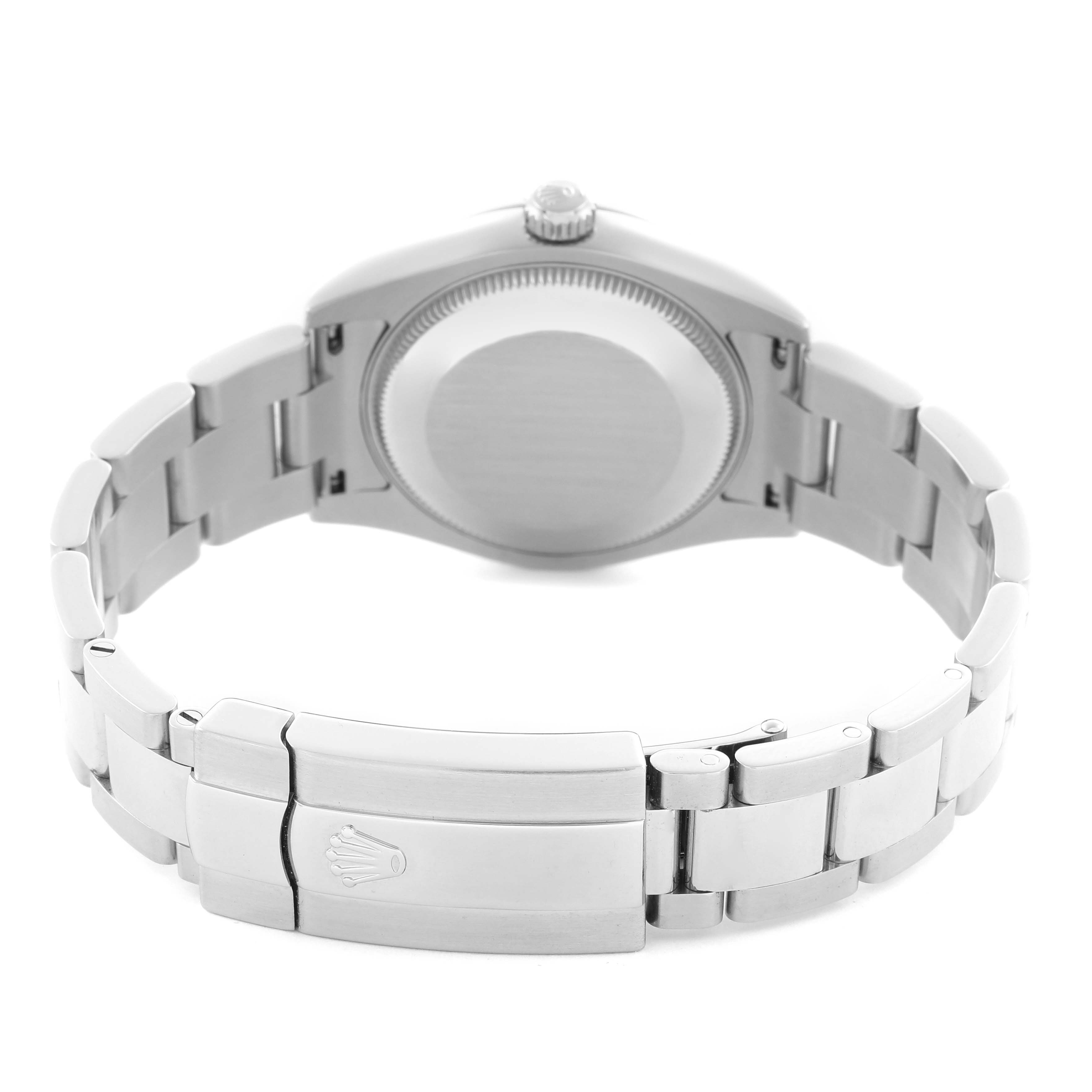 The image shows the back of a Rolex Mid-Size 178240 Women
s Stainless Steel Silver Dial 178240 Women
s Stainless Steel Silver Dial watch, highlighting the clasp and bracelet from a rear angle.