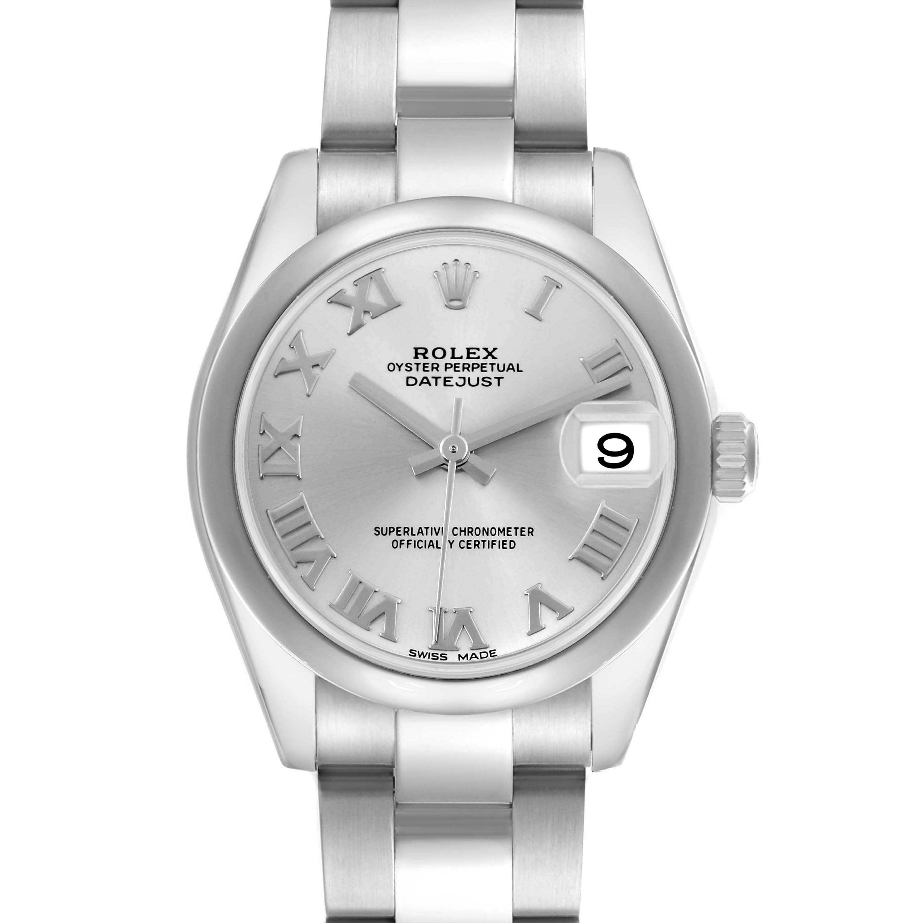 The image shows a frontal view of a Rolex Datejust Mid-Size watch, highlighting the dial, bezel, and bracelet.