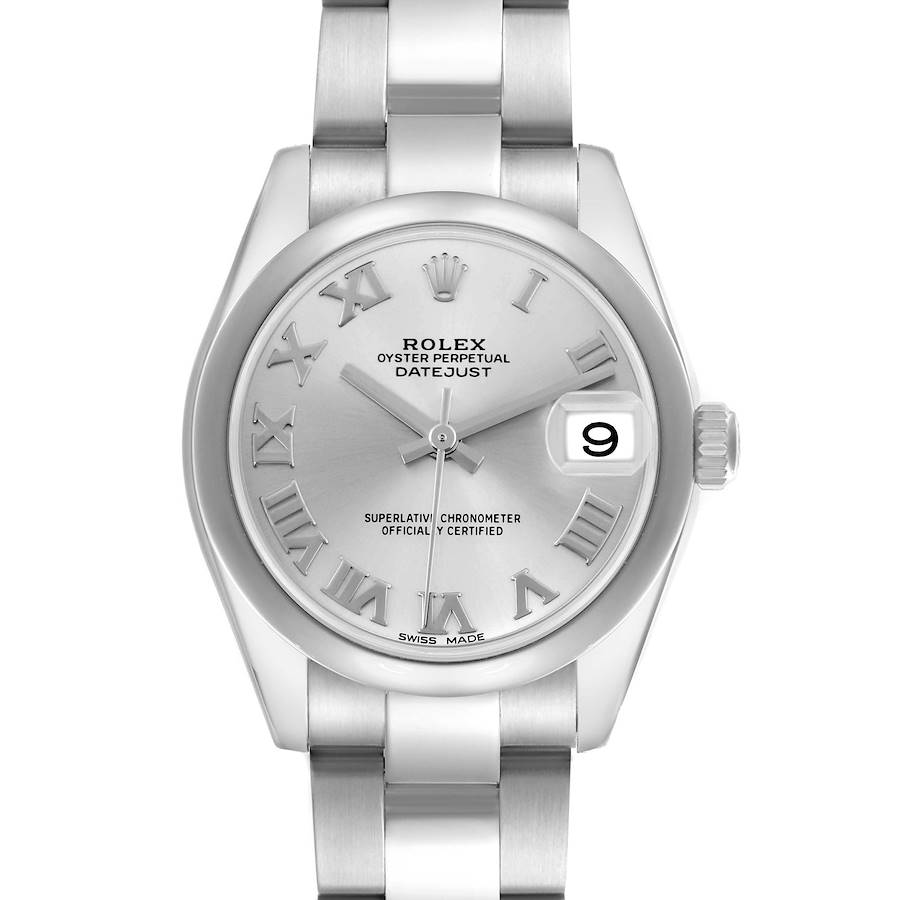 The image shows a frontal view of a Rolex Datejust Mid-Size watch, highlighting the dial, bezel, and bracelet.