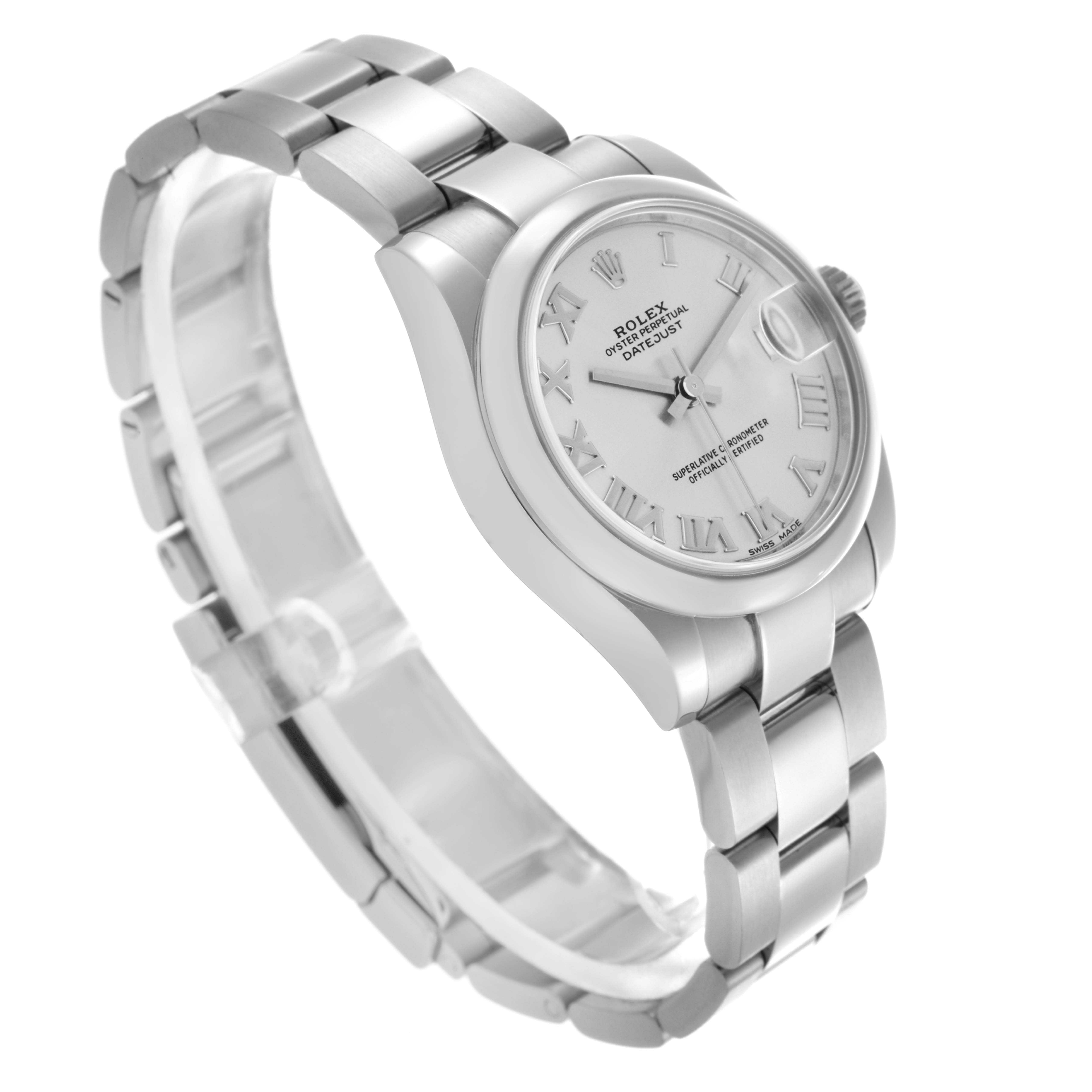 The Rolex Mid-Size 178240 Women
s Stainless Steel Silver Dial 178240 Women
s Stainless Steel Silver Dial watch is shown at a three-quarter angle, highlighting the dial, bezel, and bracelet.