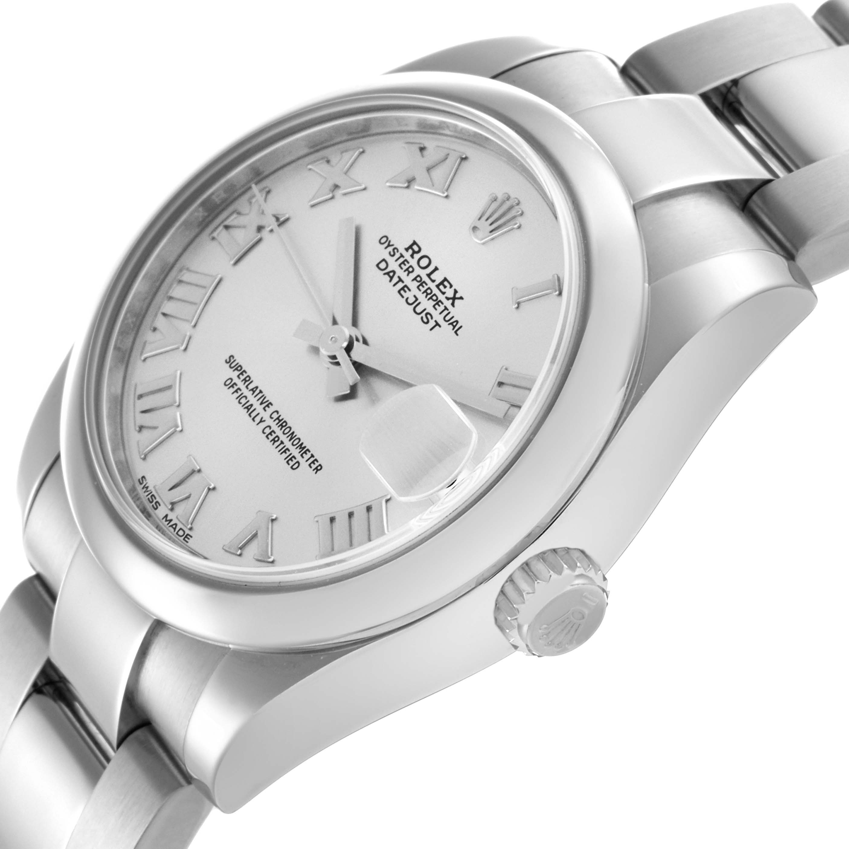 The Rolex Mid-Size 178240 Women
s Stainless Steel Silver Dial 178240 Women
s Stainless Steel Silver Dial watch is shown from a slight angle, featuring the dial, bezel, crown, and part of the bracelet.