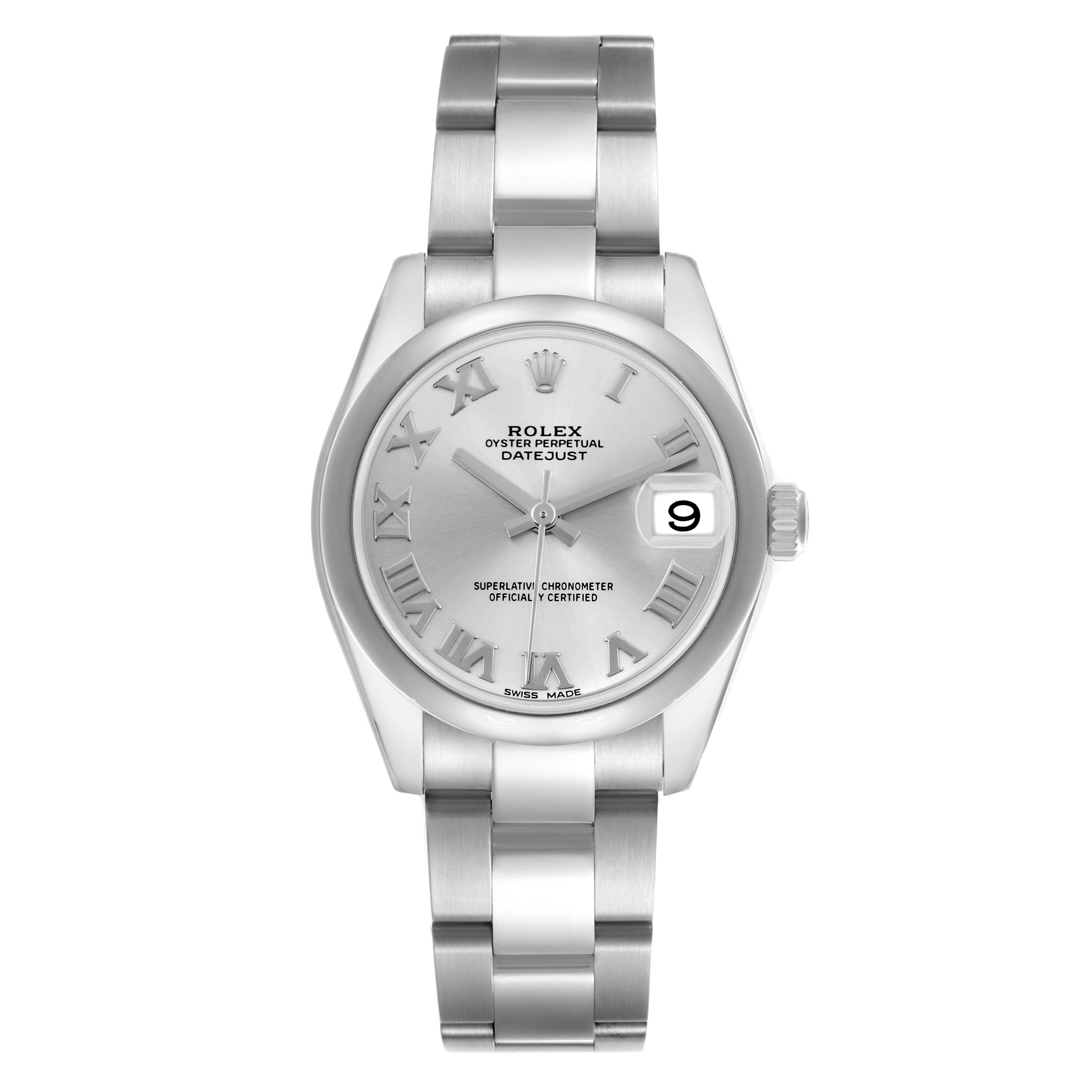 The Rolex Mid-Size 178240 Women
s Stainless Steel Silver Dial watch is shown from the front, highlighting the dial, bracelet, and case.