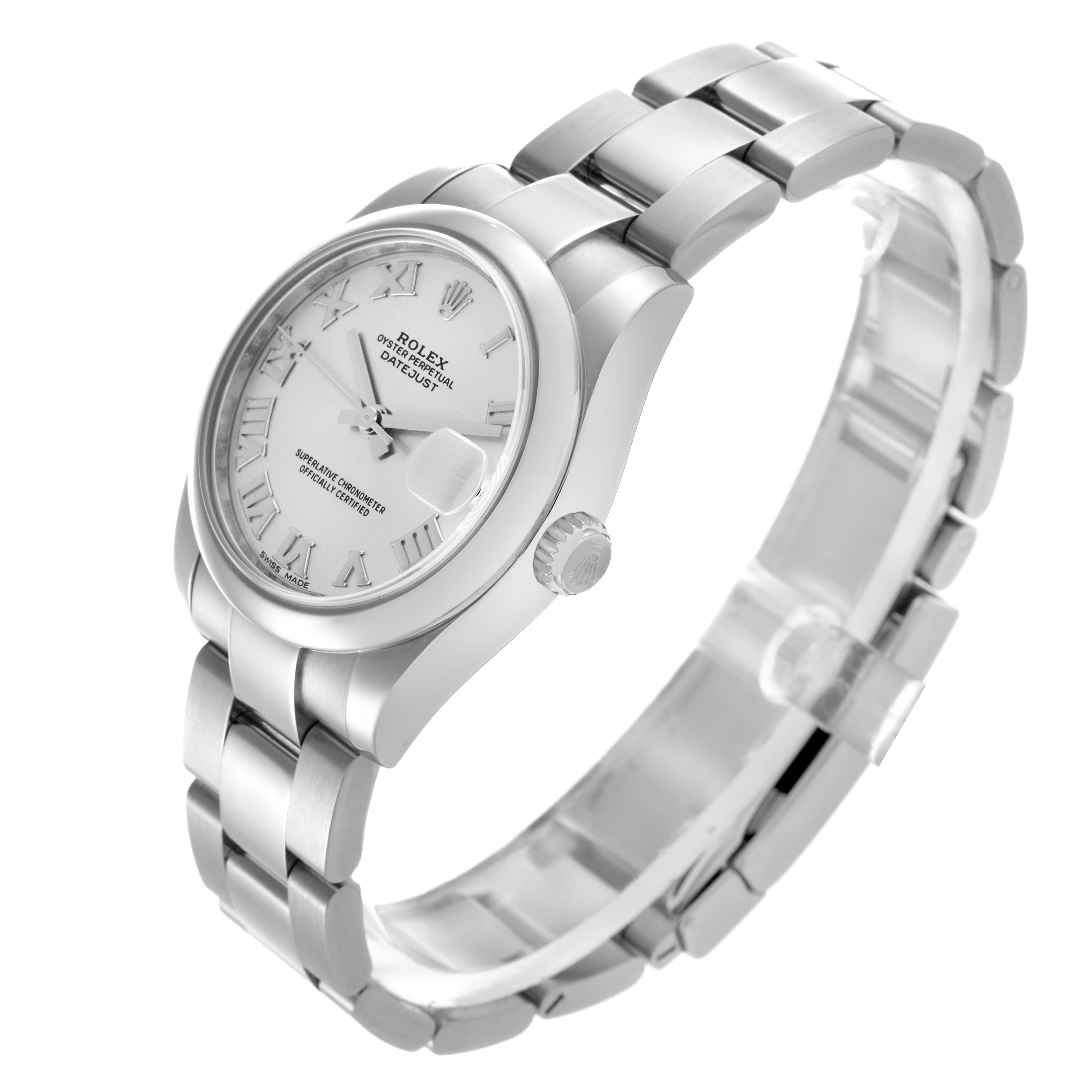 The Rolex Mid-Size 178240 Women
s Stainless Steel Silver Dial 178240 Women
s Stainless Steel Silver Dial watch is shown from a three-quarter angle, displaying its face, bezel, case, and bracelet.