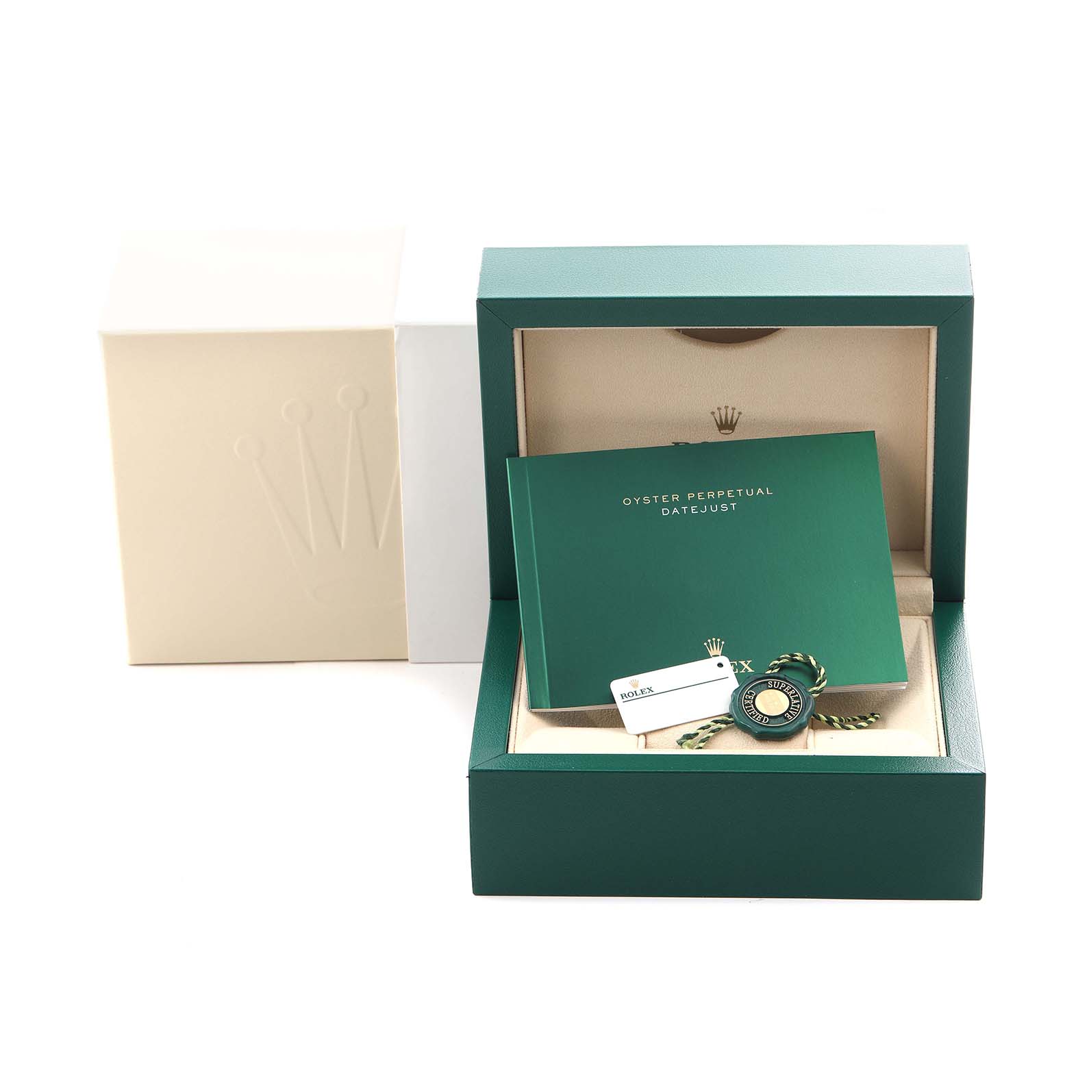 The image shows a Rolex Mid-Size 178240 Women
s Stainless Steel Silver Dial 178240 Women
s Stainless Steel Silver Dial model watch packaging with a box, user manual, and tags, viewed from the front.