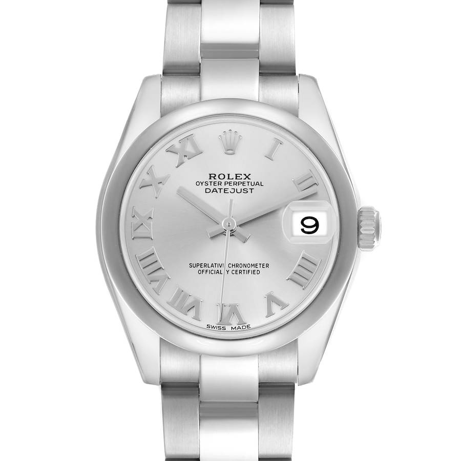 This image shows a front view of the Rolex Mid-Size Oyster Perpetual Datejust, highlighting the dial, bracelet, and date window.