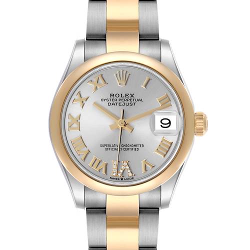 The Rolex Datejust watch is shown from a front angle, highlighting the dial, bezel, and part of the bracelet.
