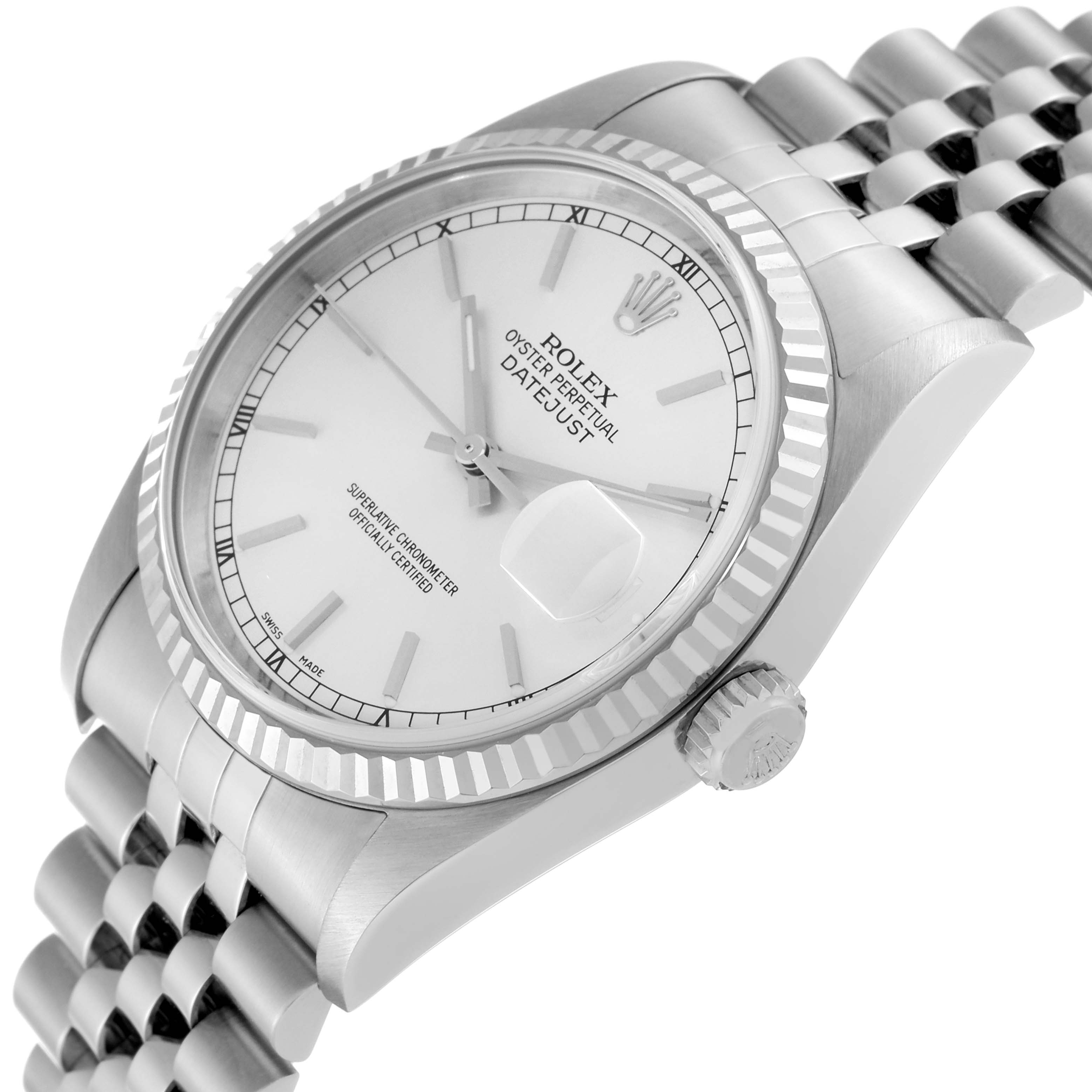 The image shows a close-up side angle of the Rolex Datejust 16234 Men's Stainless Steel Silver Dial 16234 Men's Stainless Steel Silver Dial watch, highlighting the white dial, fluted bezel, crown, and Jubilee bracelet.