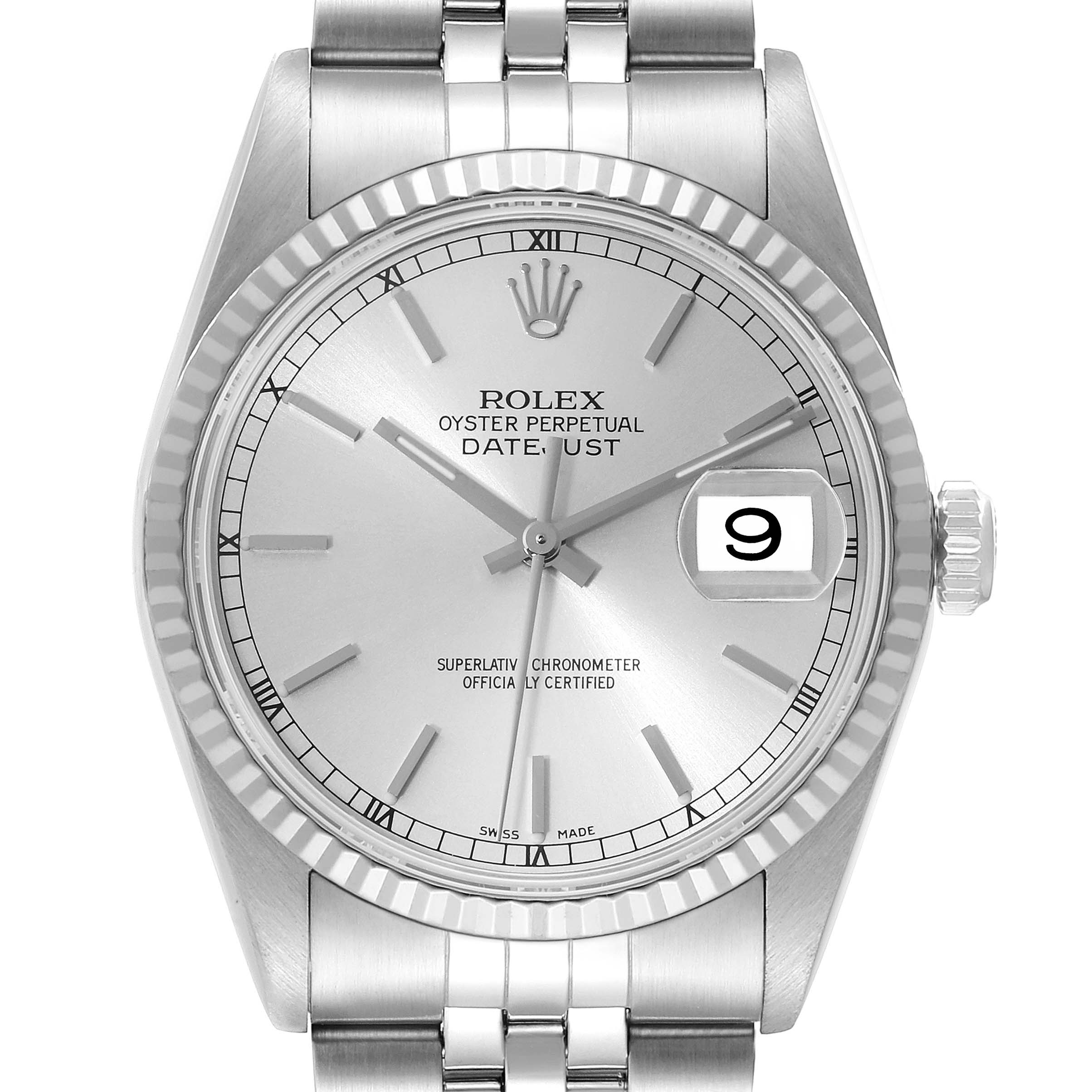 The image shows a front view of a Rolex Datejust 16234 Men's Stainless Steel Silver Dial 16234 Men's Stainless Steel Silver Dial watch, highlighting its dial, hands, date window, and part of the bracelet.