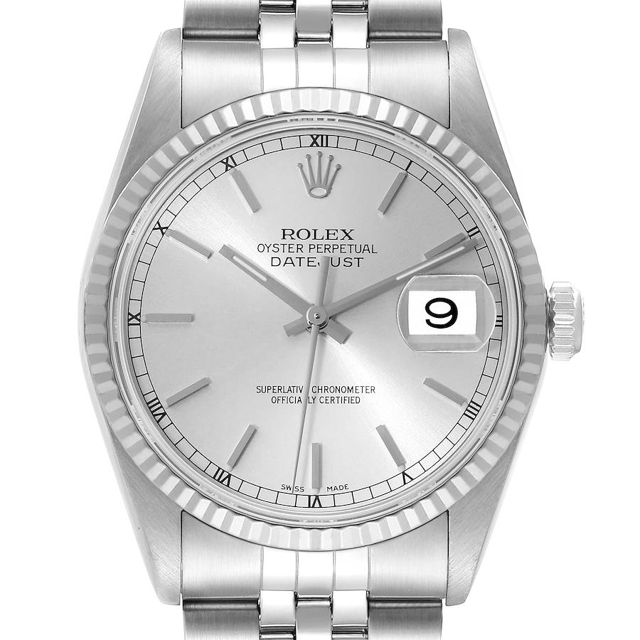 Rolex Datejust Silver Dial Steel White Gold Mens Watch 16234 Box Papers SwissWatchExpo