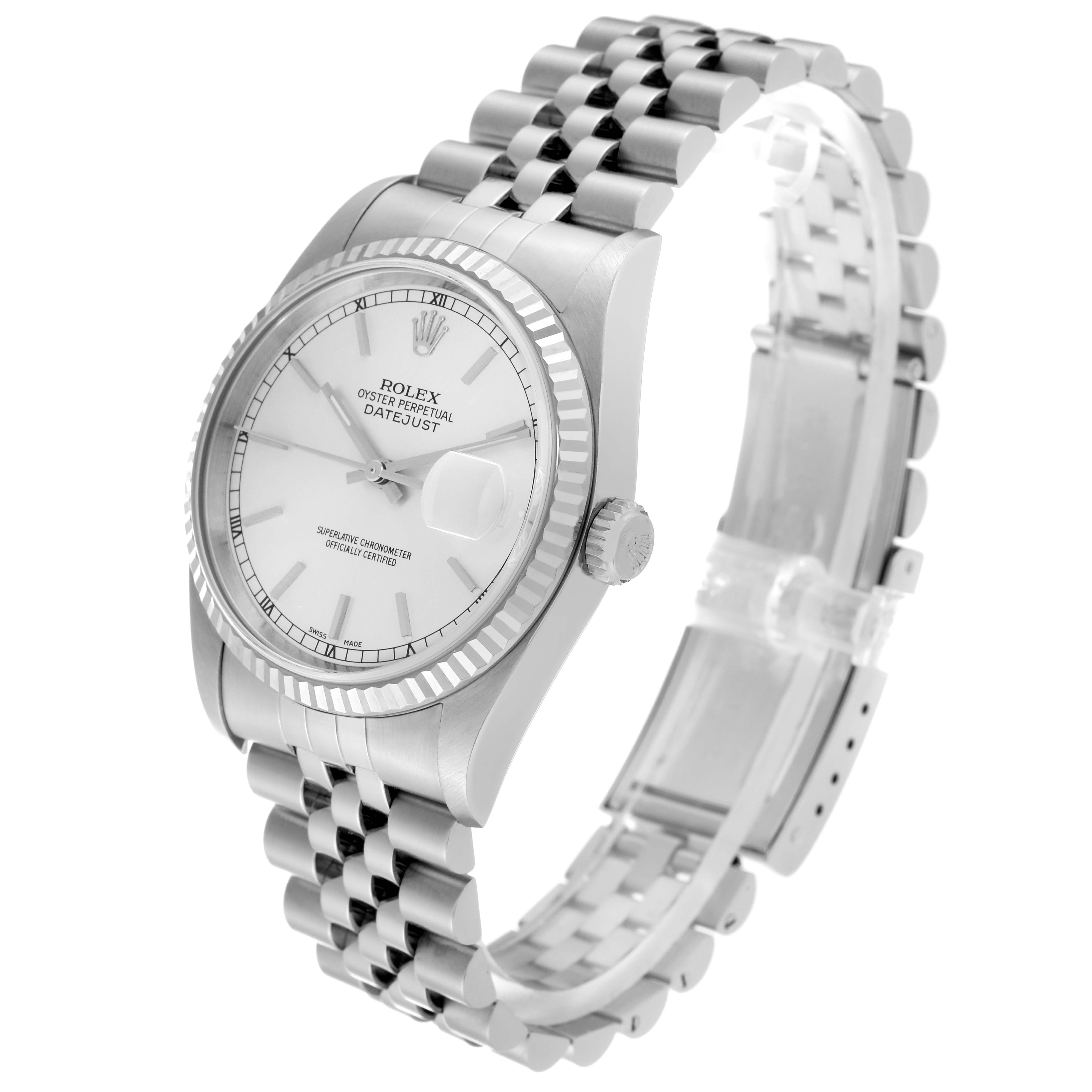 The image shows a Rolex Datejust 16234 Men's Stainless Steel Silver Dial 16234 Men's Stainless Steel Silver Dial watch at a three-quarter angle, highlighting the face, bezel, crown, and jubilee bracelet.