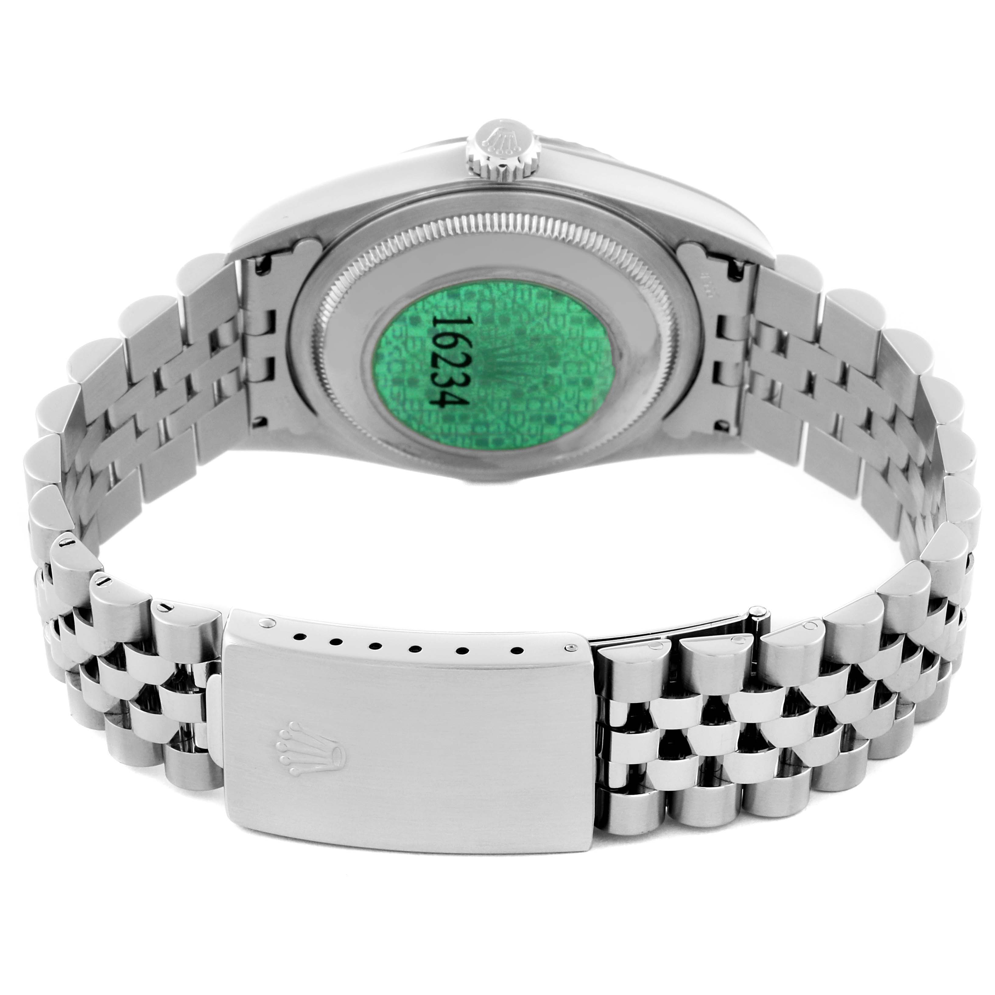 The image shows the back view of a Rolex Datejust 16234 Men's Stainless Steel Silver Dial 16234 Men's Stainless Steel Silver Dial model, highlighting its case back, crown, and bracelet clasp.