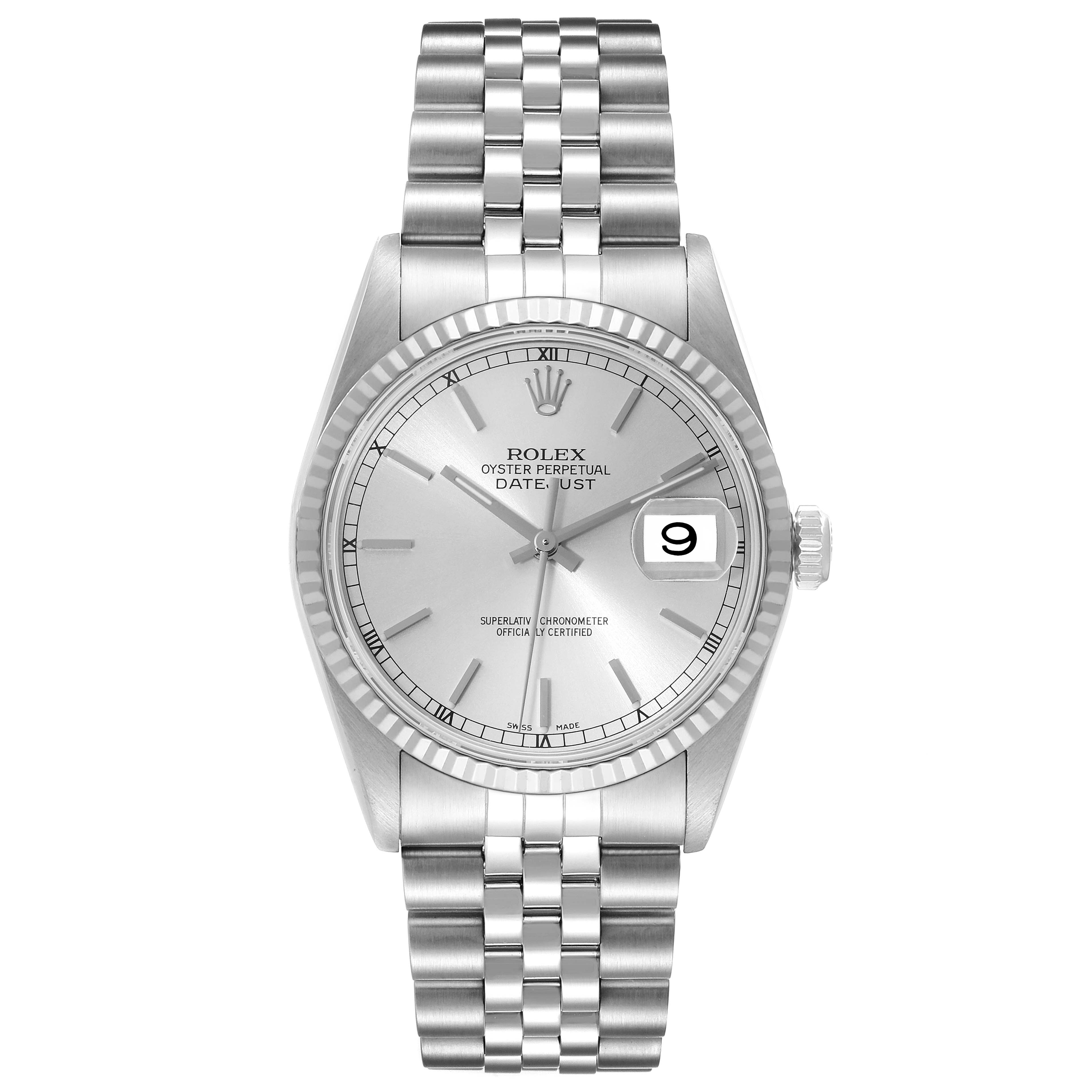 This Rolex Datejust 16234 Men's Stainless Steel Silver Dial 16234 Men's Stainless Steel Silver Dial watch is shown from a top-down angle including its face, bezel, and bracelet.
