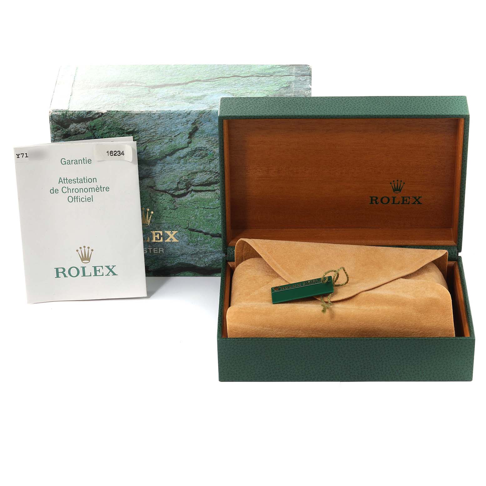 The image shows an angled view of Rolex Datejust 16234 Men's Stainless Steel Silver Dial 16234 Men's Stainless Steel Silver Dial accessories, including the box, warranty booklet, and velvet watch pouch.