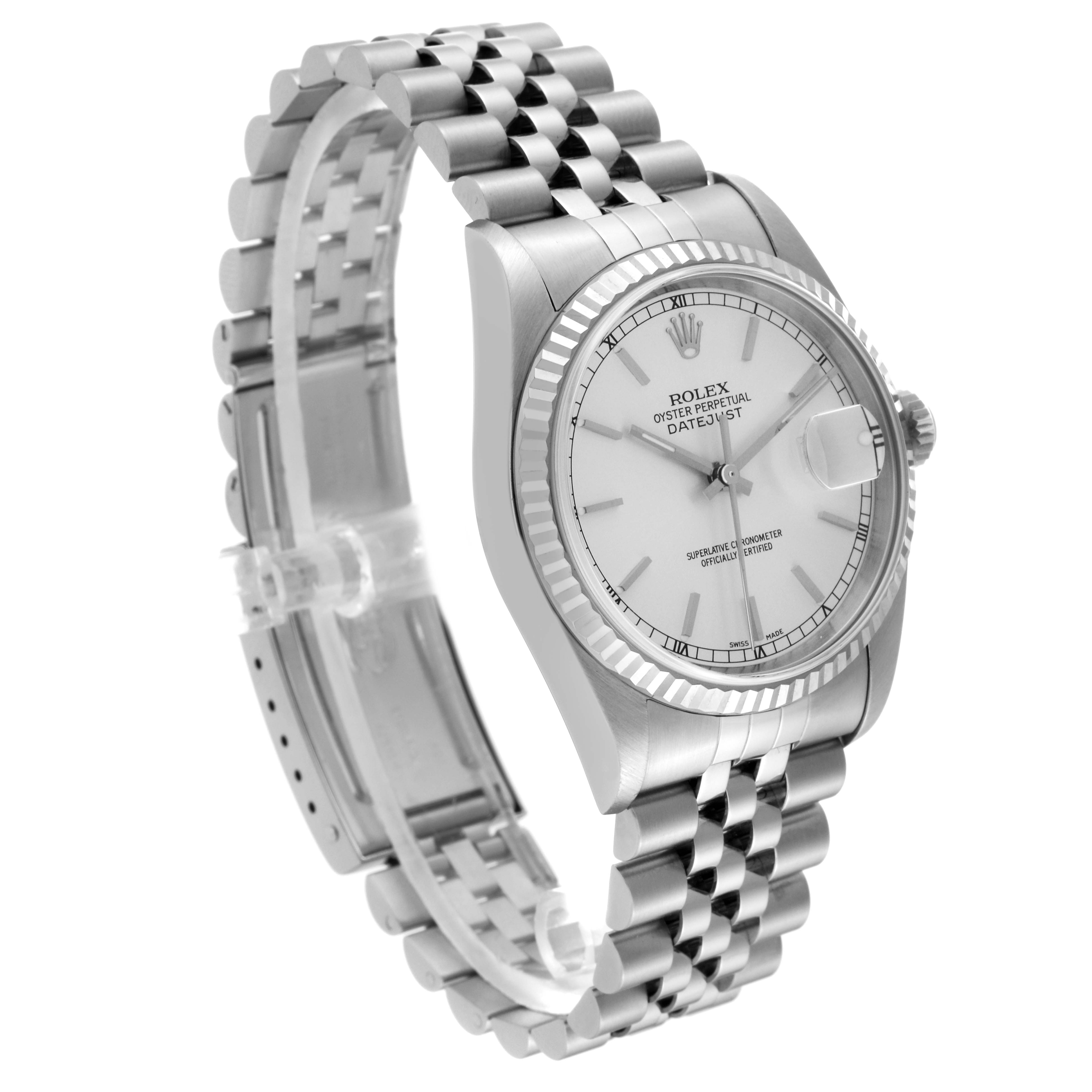 The Rolex Datejust 16234 Men's Stainless Steel Silver Dial 16234 Men's Stainless Steel Silver Dial watch is shown at a slight angle, highlighting the face, bracelet, and side profile.