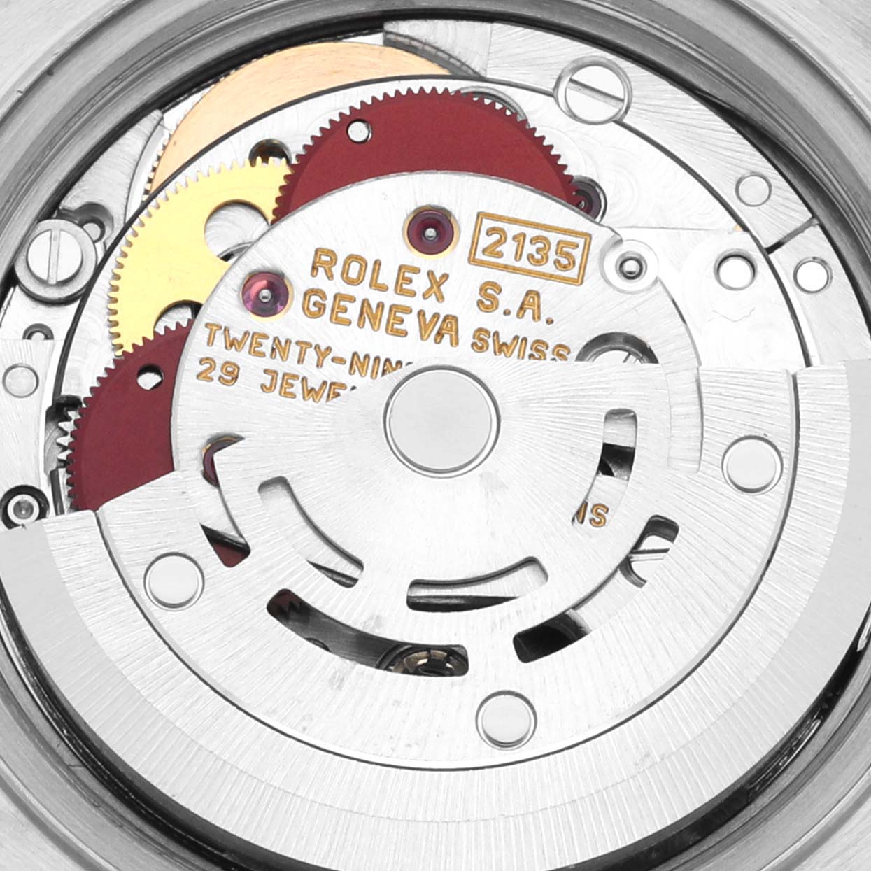 This close-up image shows the movement mechanism of the Rolex Datejust 69173 Women's Steel and Gold (two tone) Grey Dial 69173 Women's Steel and Gold (two tone) Grey Dial watch, highlighting its intricate inner workings.