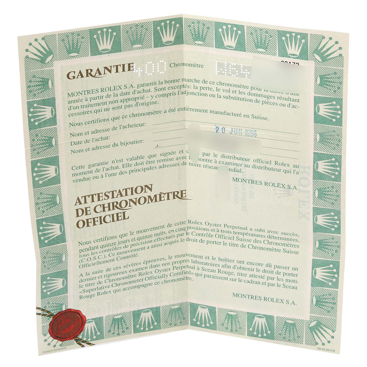 This image shows the opened warranty certificate and chronometer certification for a Rolex Datejust 69173 Women's Steel and Gold (two tone) Grey Dial 69173 Women's Steel and Gold (two tone) Grey Dial watch.