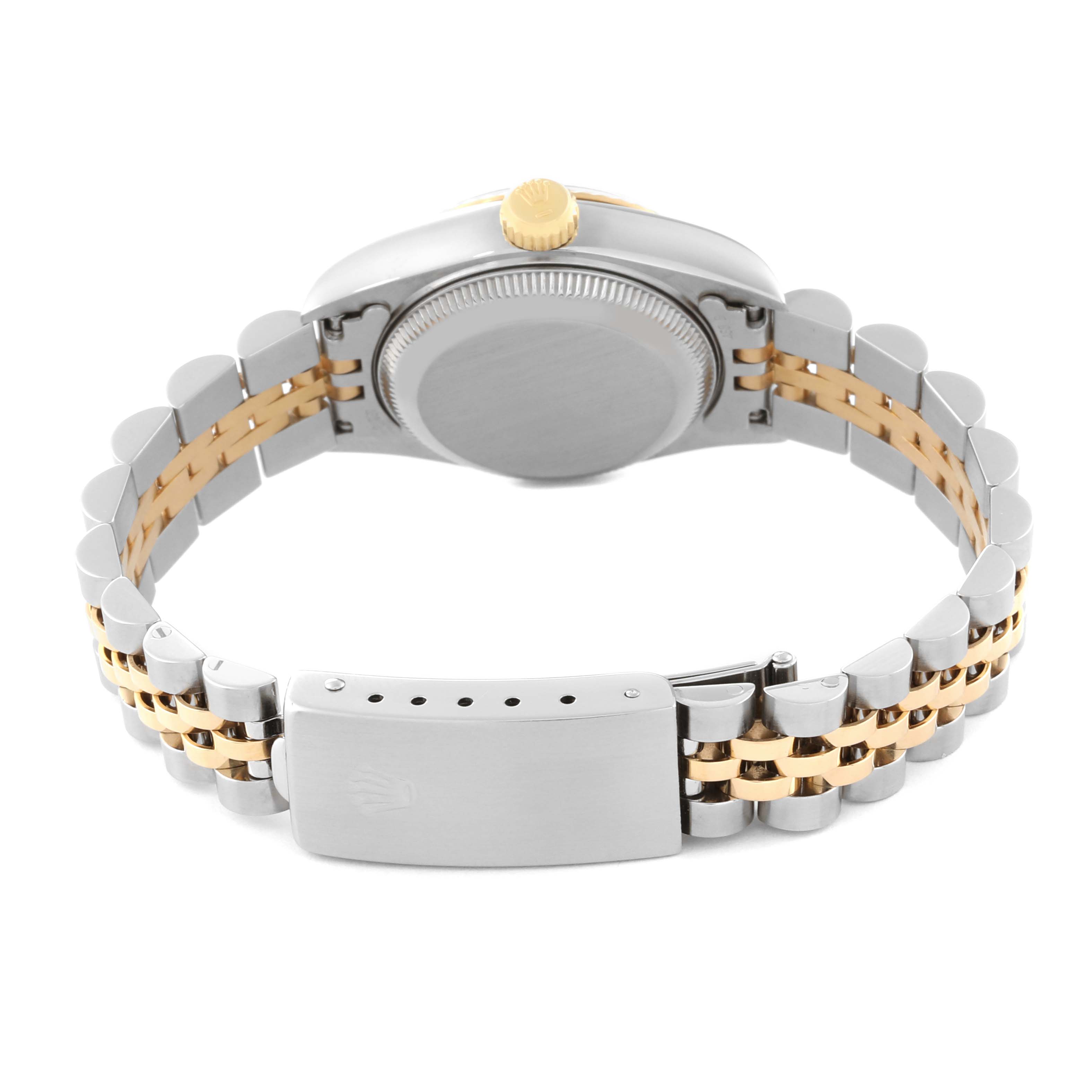 This image shows the back case and bracelet clasp of a Rolex Datejust 69173 Women's Steel and Gold (two tone) Grey Dial 69173 Women's Steel and Gold (two tone) Grey Dial watch at a rear angle.
