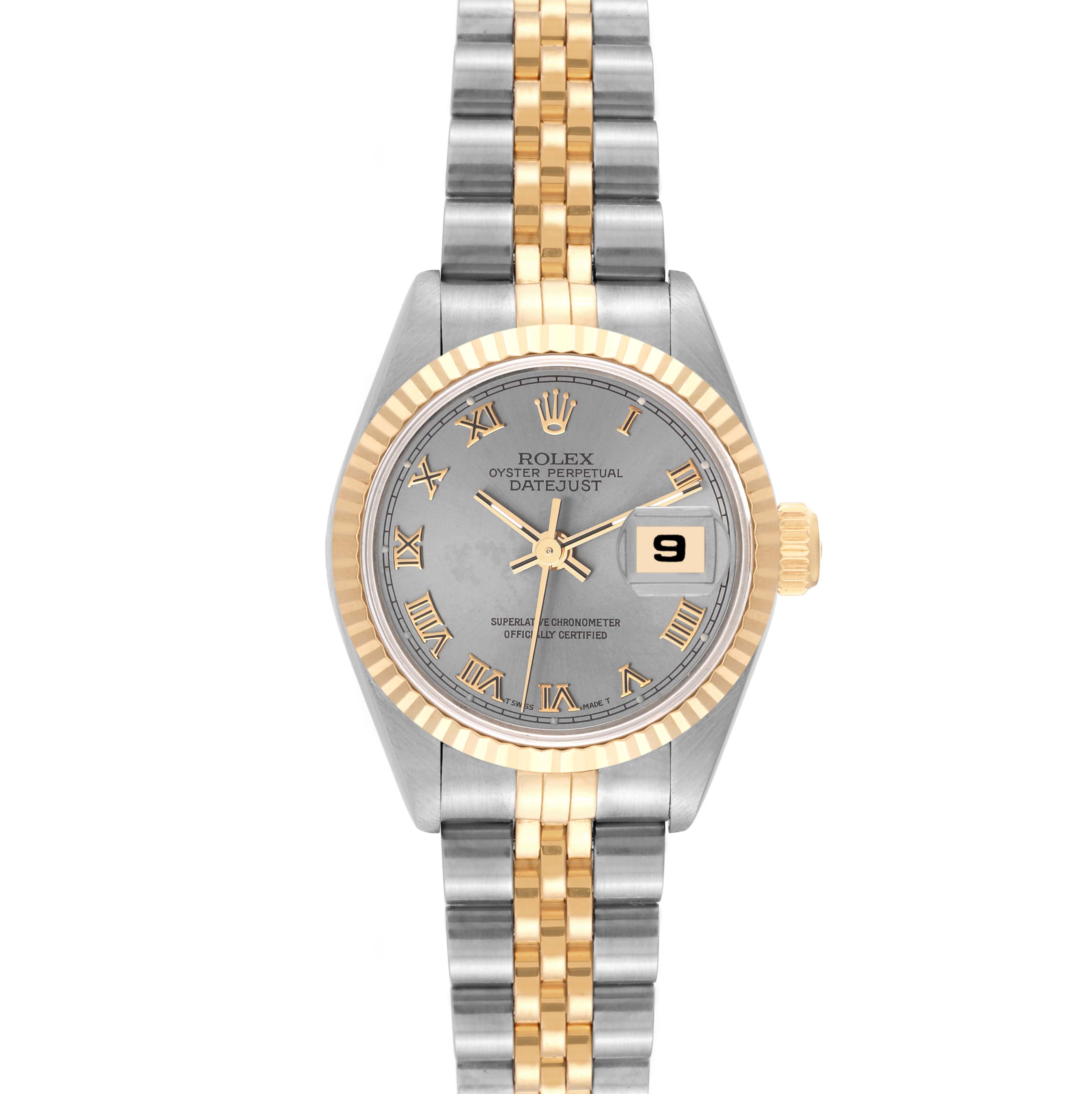 The image shows a front view of a Rolex Datejust 69173 Women's Steel and Gold (two tone) Grey Dial 69173 Women's Steel and Gold (two tone) Grey Dial watch, displaying its face, bezel, crown, and bracelet.