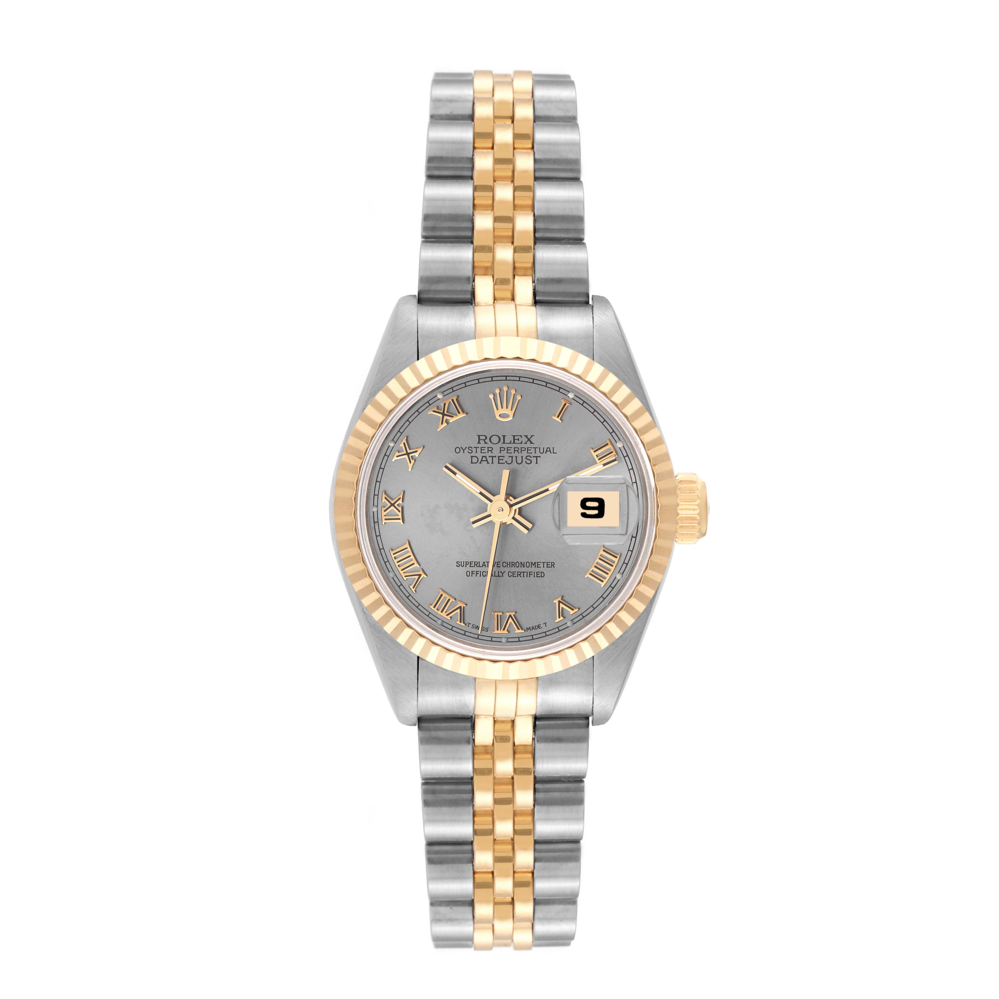 This image shows a front view of a Rolex Datejust 69173 Women's Steel and Gold (two tone) Grey Dial 69173 Women's Steel and Gold (two tone) Grey Dial watch with a two-tone bracelet, fluted bezel, and date display at 3 o'clock.