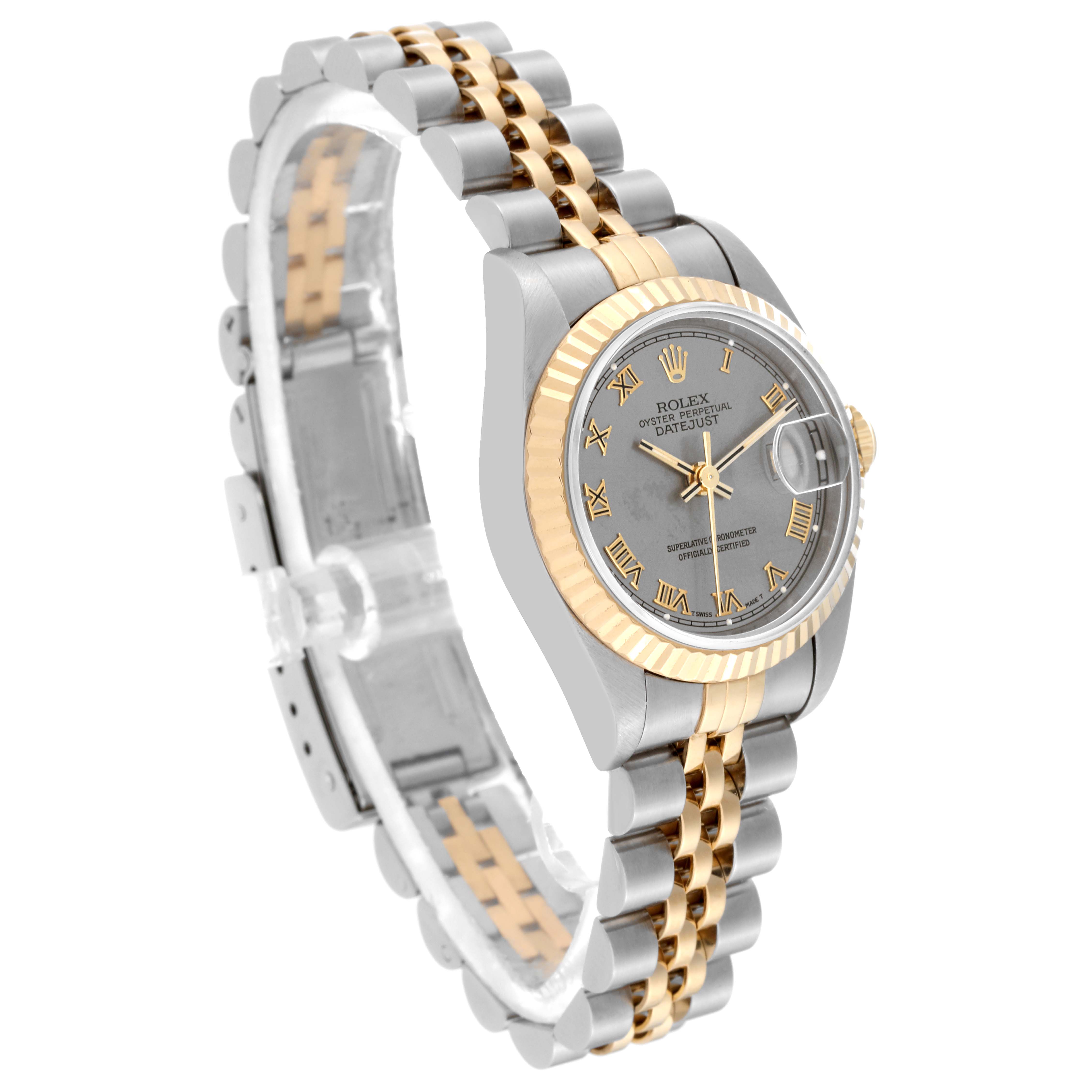 The image shows a Rolex Datejust 69173 Women's Steel and Gold (two tone) Grey Dial 69173 Women's Steel and Gold (two tone) Grey Dial watch at a three-quarter angle, displaying the face, case, and bracelet.