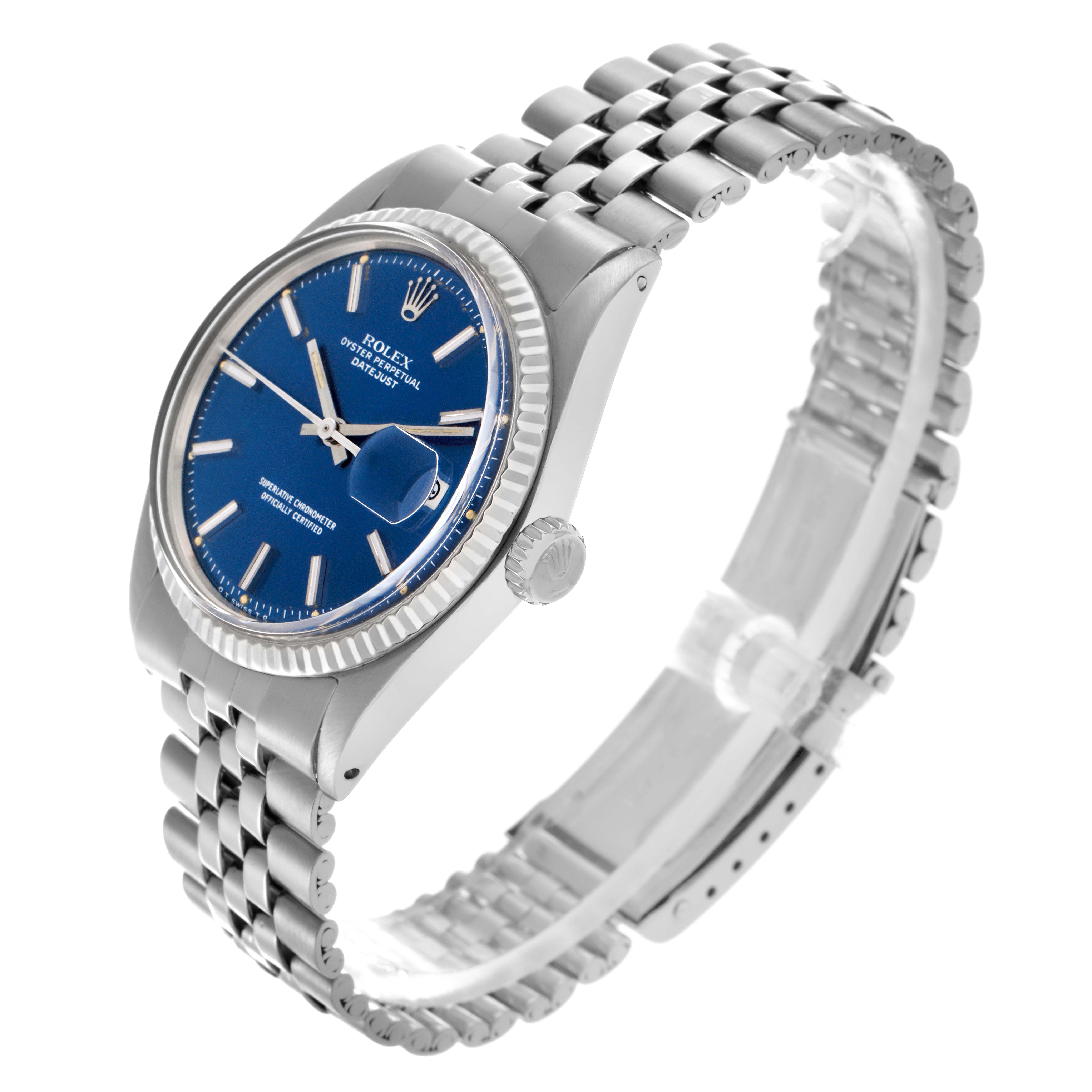 The Rolex Datejust 1601 Men
s Stainless Steel Blue Dial 1601 Men
s Stainless Steel Blue Dial watch is shown at a three-quarter angle, displaying the blue dial, bezel, crown, and part of the bracelet.