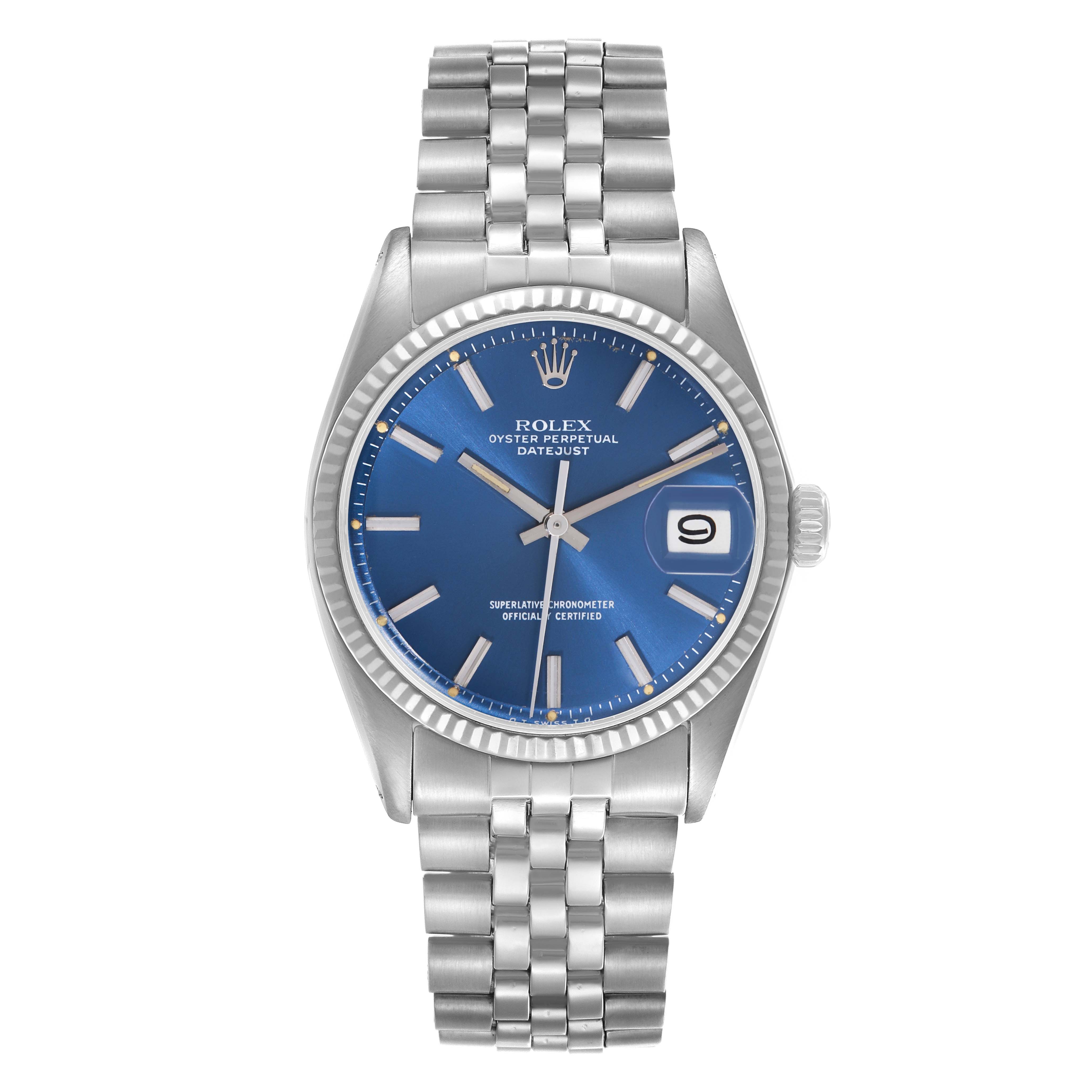 The Rolex Datejust 1601 Men
s Stainless Steel Blue Dial 1601 Men
s Stainless Steel Blue Dial is shown from a front angle, displaying the face, hour markers, date window, bezel, and bracelet.