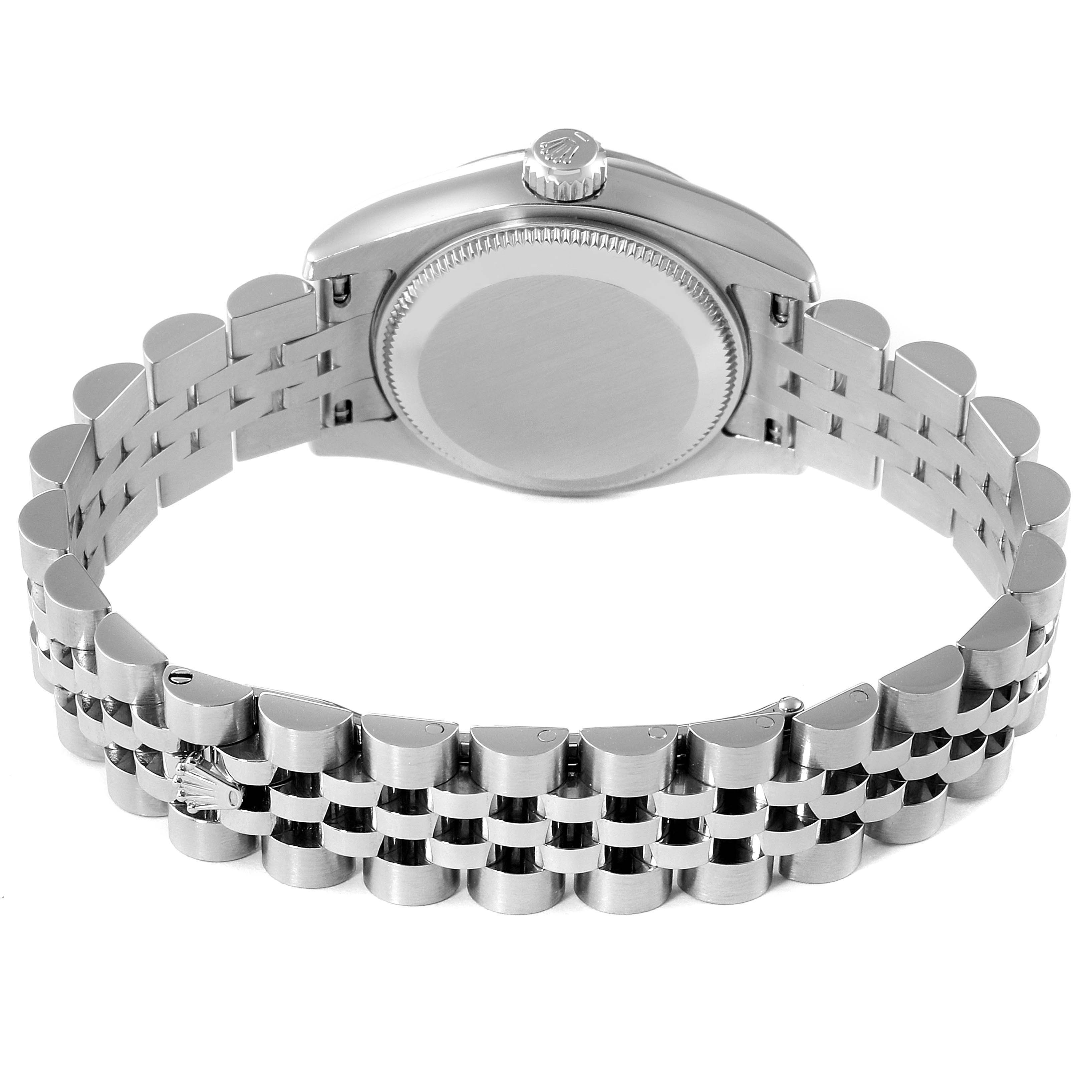 This image shows the back view of a Rolex Datejust 179174 Women's Stainless Steel Mother of Pearl Dial 179174 Women's Stainless Steel Mother of Pearl Dial watch, featuring its case back and Jubilee bracelet.