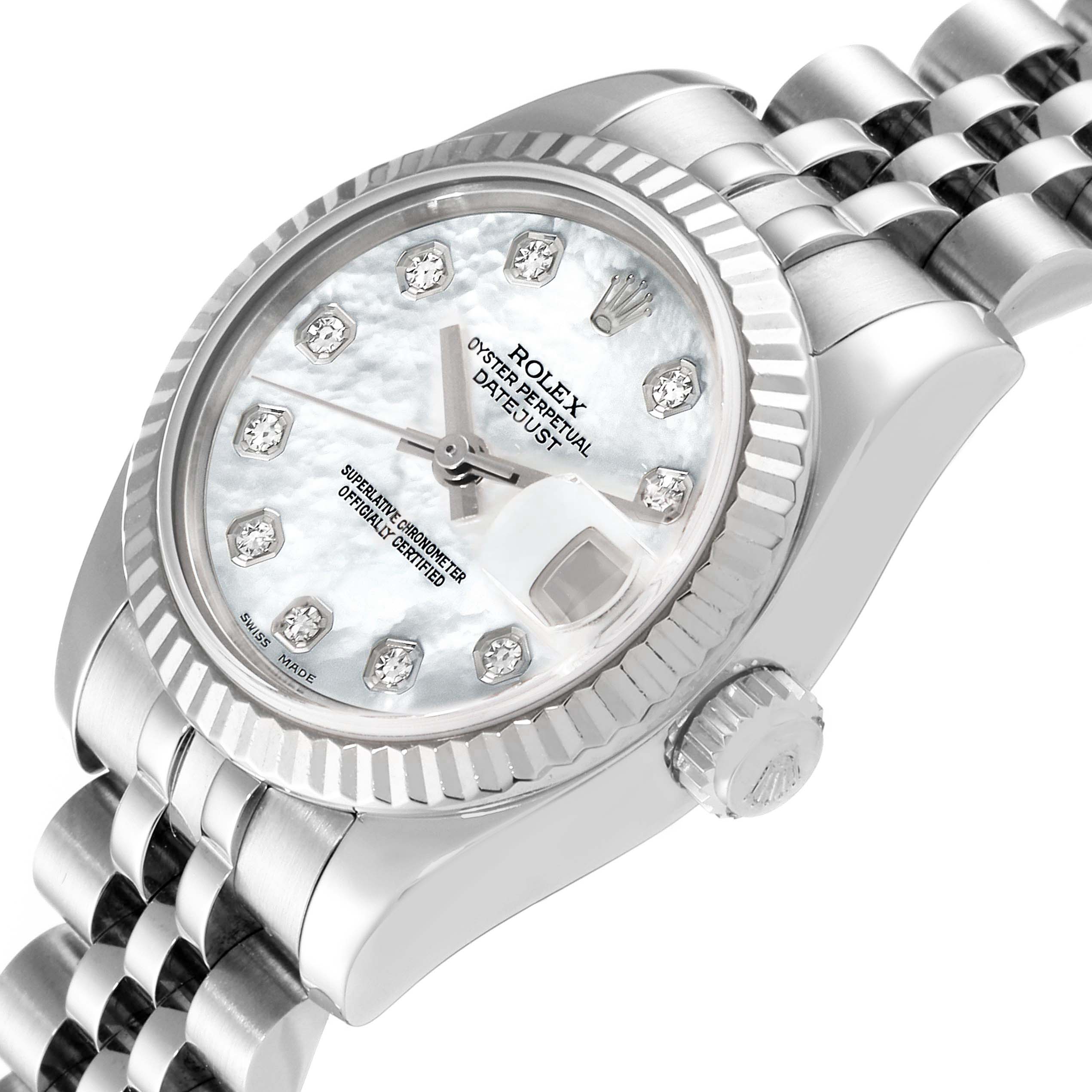 The image shows a Rolex Datejust 179174 Women's Stainless Steel Mother of Pearl Dial 179174 Women's Stainless Steel Mother of Pearl Dial model watch from a slightly angled view, highlighting its bezel, dial, crown, and bracelet.