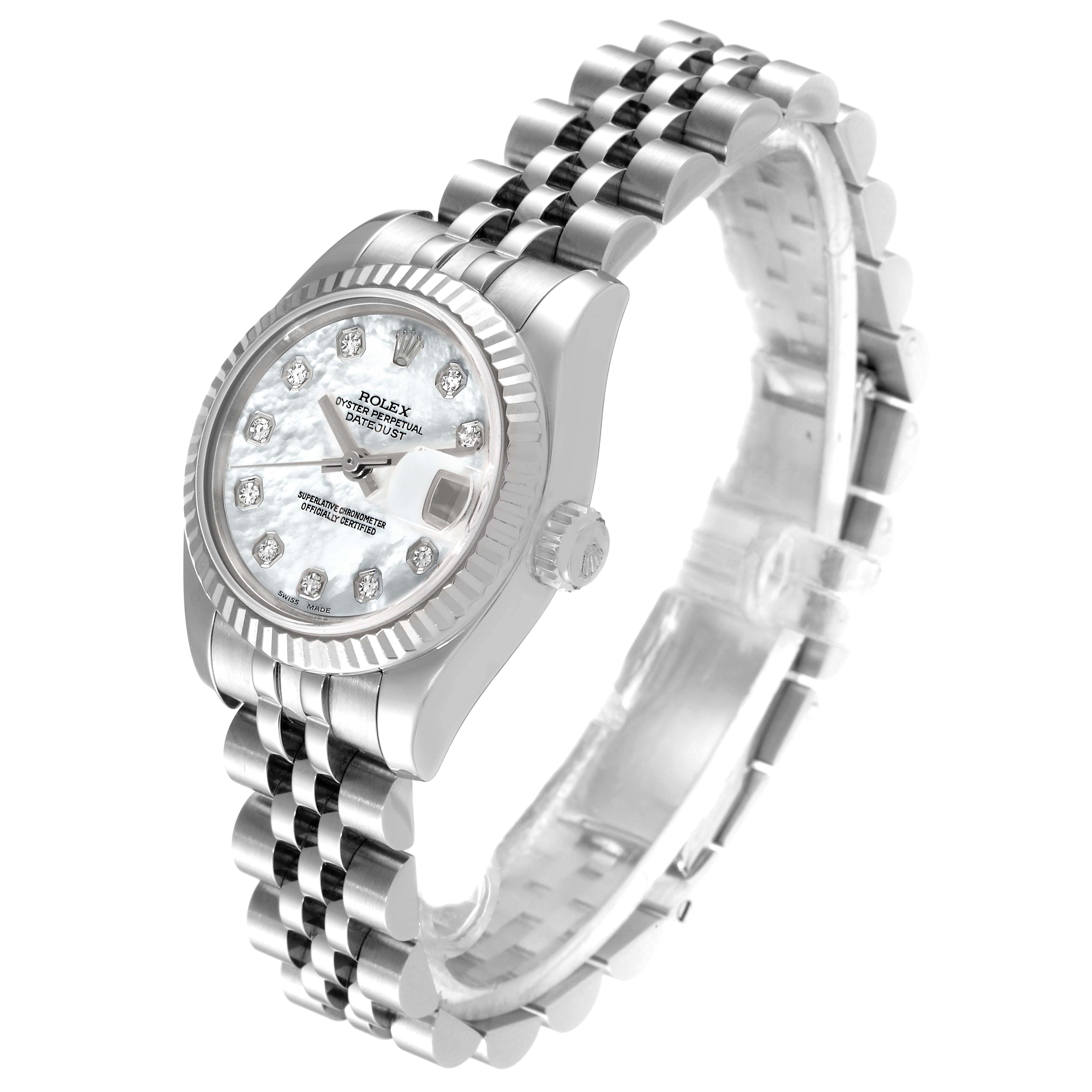 This is a Rolex Datejust 179174 Women's Stainless Steel Mother of Pearl Dial 179174 Women's Stainless Steel Mother of Pearl Dial watch shown from an angled front view, highlighting the dial, bezel, crown, and bracelet.