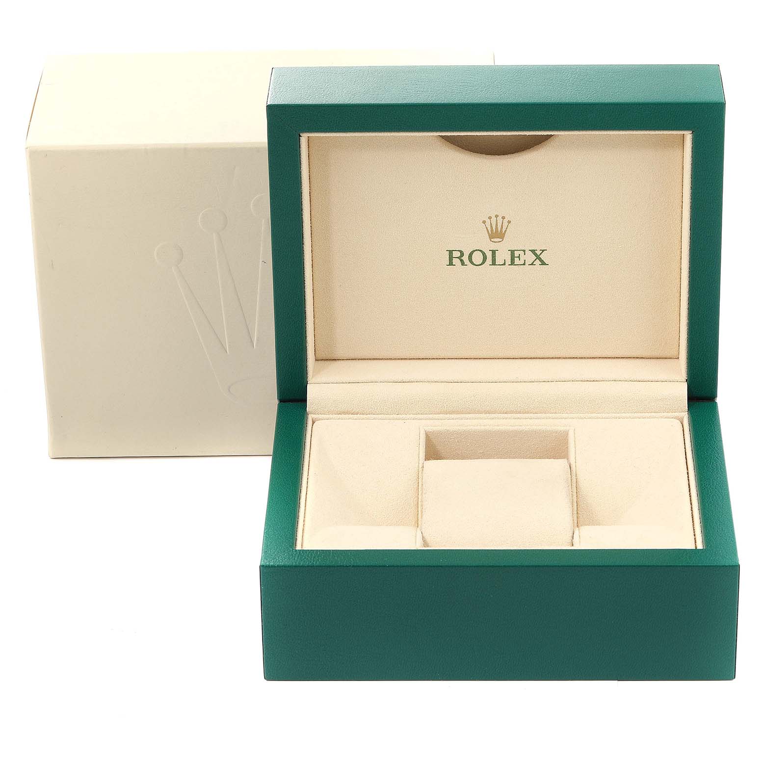 The image shows an open Rolex Datejust 179174 Women's Stainless Steel Mother of Pearl Dial 179174 Women's Stainless Steel Mother of Pearl Dial watch box in green and beige, alongside its outer packaging.