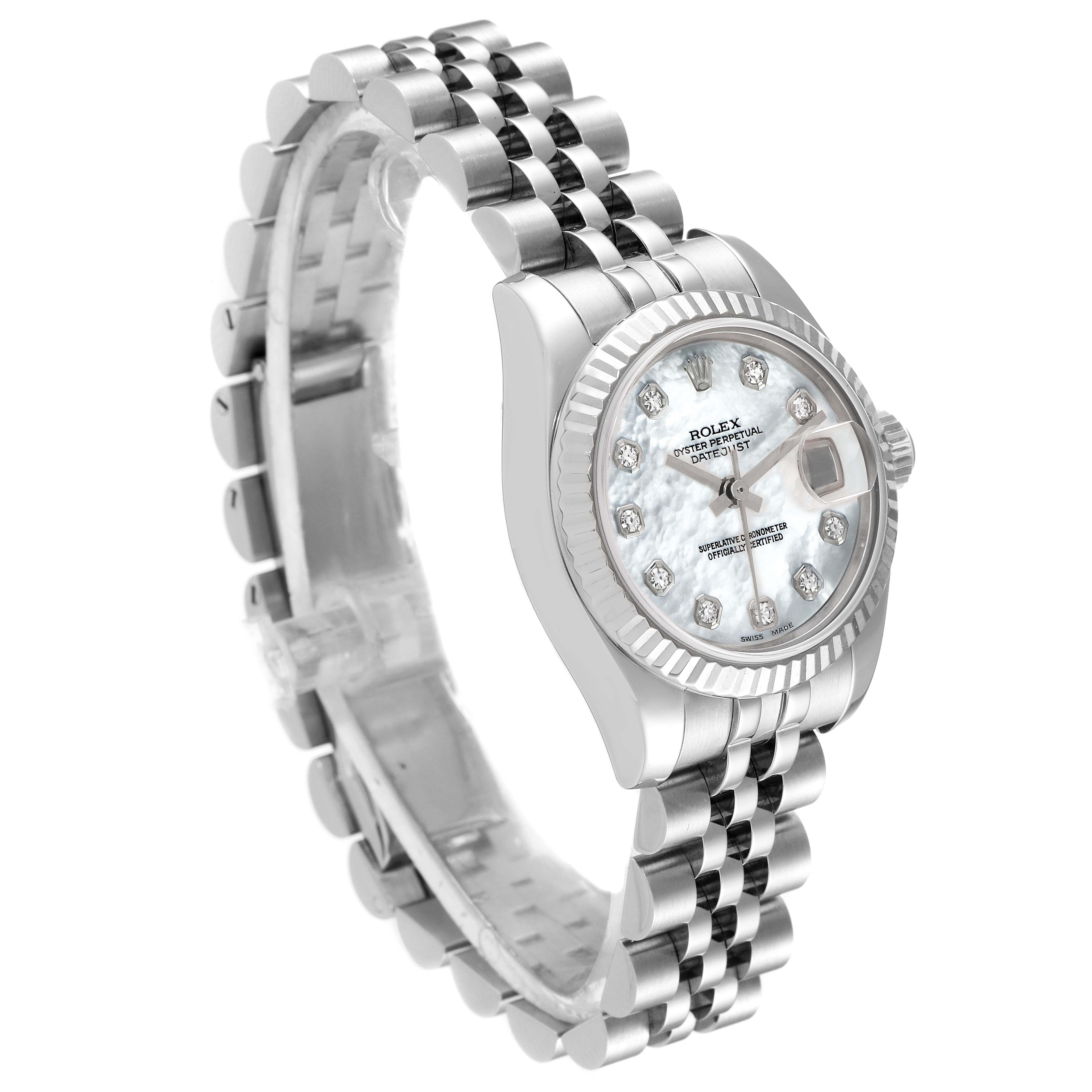 This Rolex Datejust 179174 Women's Stainless Steel Mother of Pearl Dial 179174 Women's Stainless Steel Mother of Pearl Dial watch is shown at a three-quarter angle, displaying the dial, bezel, and bracelet.