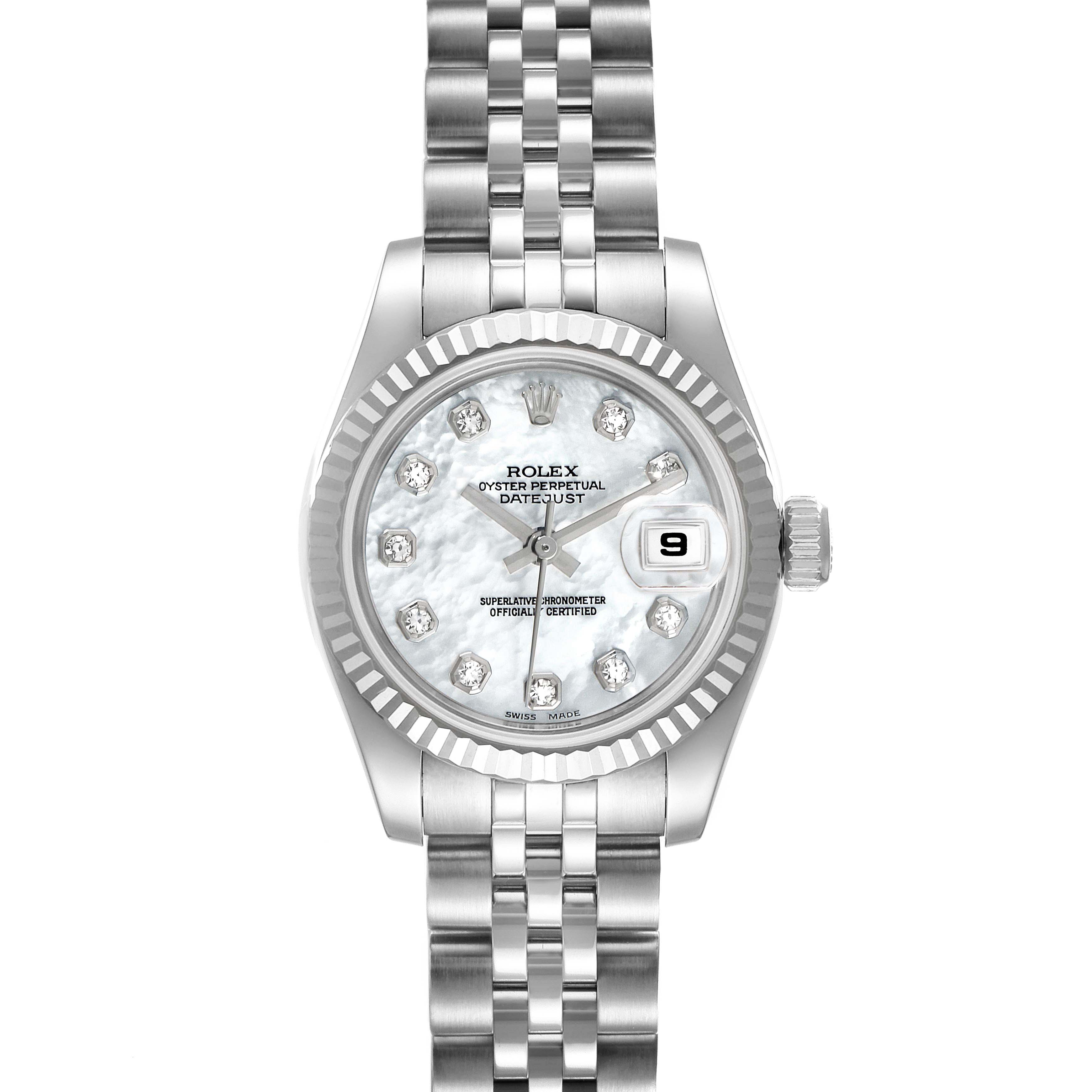 This image shows a front view of a Rolex Datejust 179174 Women's Stainless Steel Mother of Pearl Dial 179174 Women's Stainless Steel Mother of Pearl Dial watch with a silver metal bracelet and a mother-of-pearl dial.