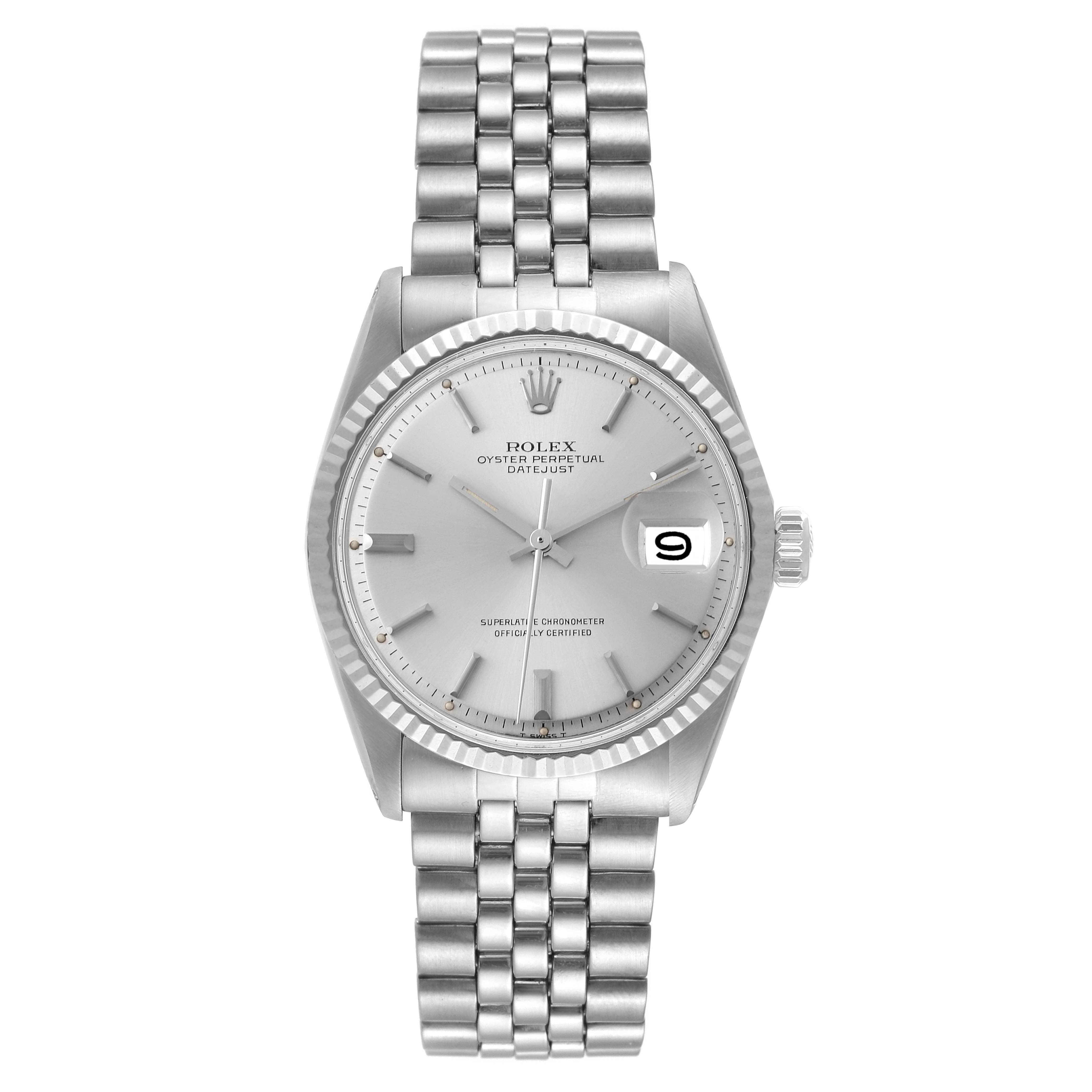 This image shows a front view of the Rolex Vintage Collection 1601 Men's Stainless Steel Silver Dial 1601 Men's Stainless Steel Silver Dial Oyster Perpetual Datejust watch with its dial, bezel, and bracelet visible.