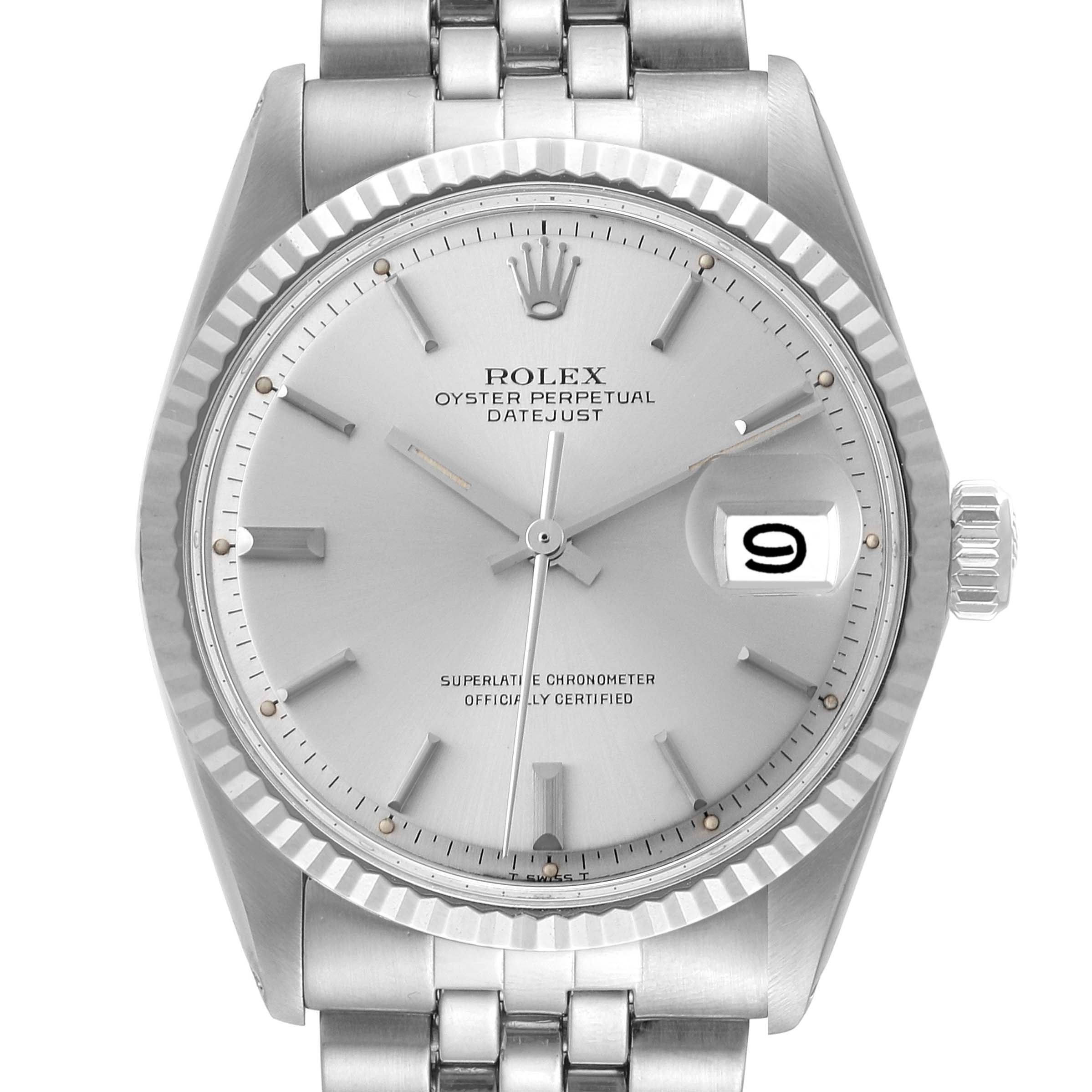 The image shows a front view of the Vintage Collection Rolex Oyster Perpetual Datejust, displaying the dial, bezel, and part of the bracelet.