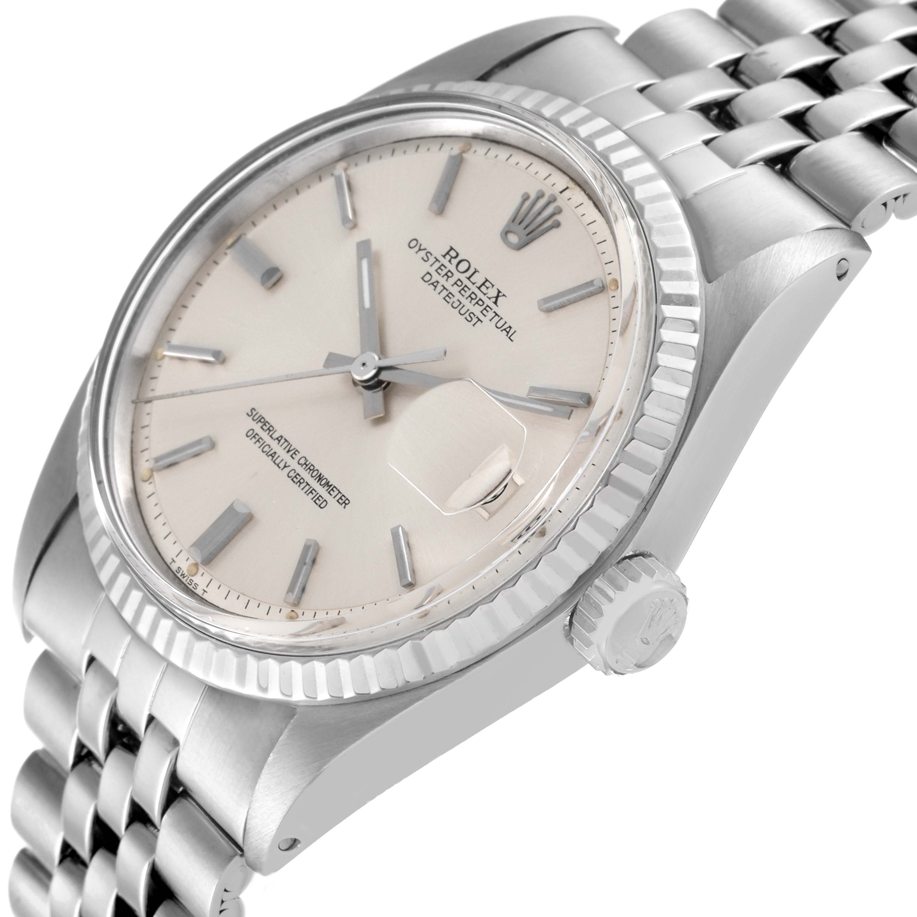 The image shows a side angle of a Rolex Vintage Collection 1601 Men's Stainless Steel Silver Dial 1601 Men's Stainless Steel Silver Dial Datejust watch, highlighting the dial, bezel, crown, and bracelet.