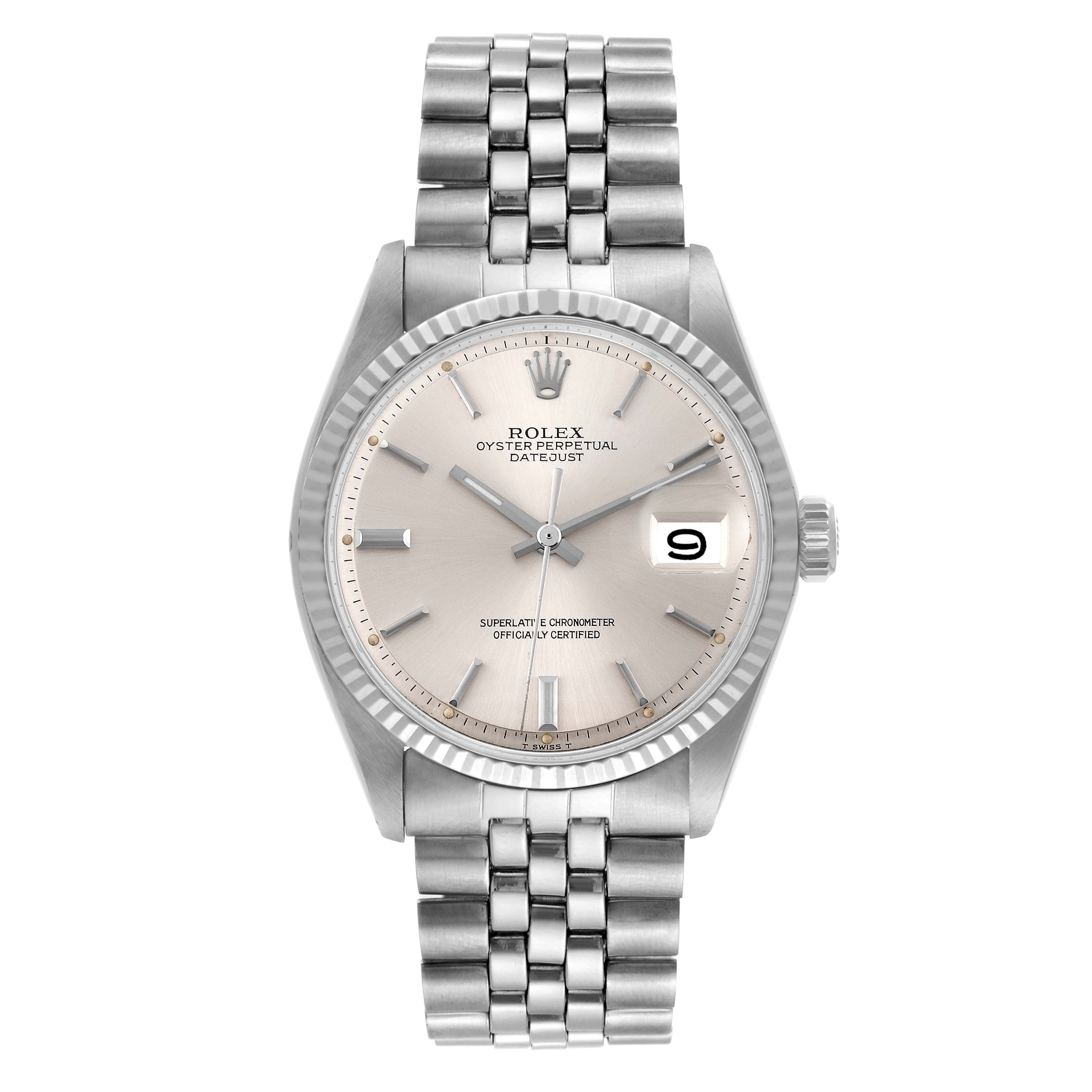 The image shows a front view of the face and bezel of the Rolex Vintage Collection 1601 Men's Stainless Steel Silver Dial 1601 Men's Stainless Steel Silver Dial Oyster Perpetual Datejust watch.