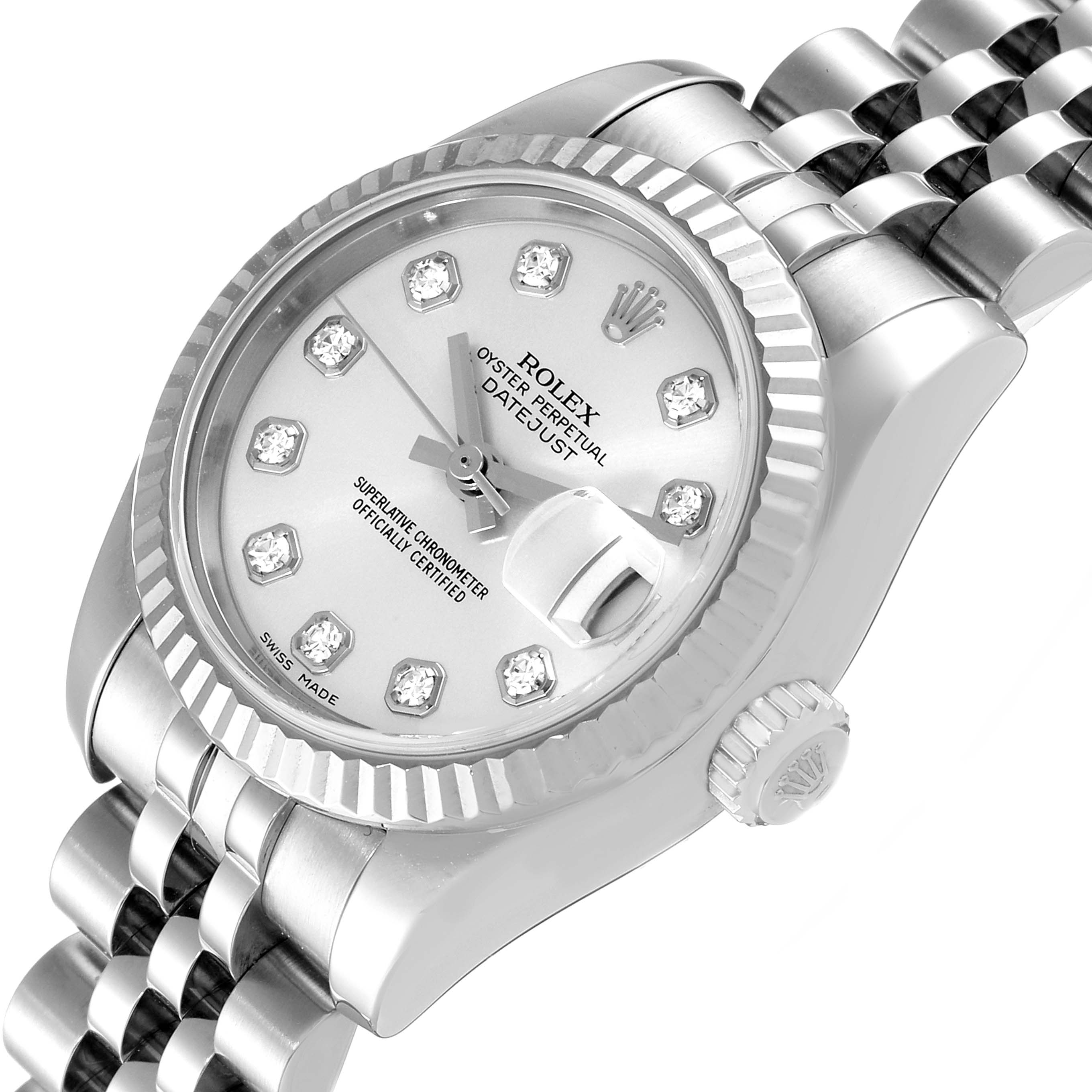 This image shows a Rolex Datejust 179174 Women's Stainless Steel Silver Dial 179174 Women's Stainless Steel Silver Dial watch from an oblique top angle, highlighting its dial, bezel, and bracelet.