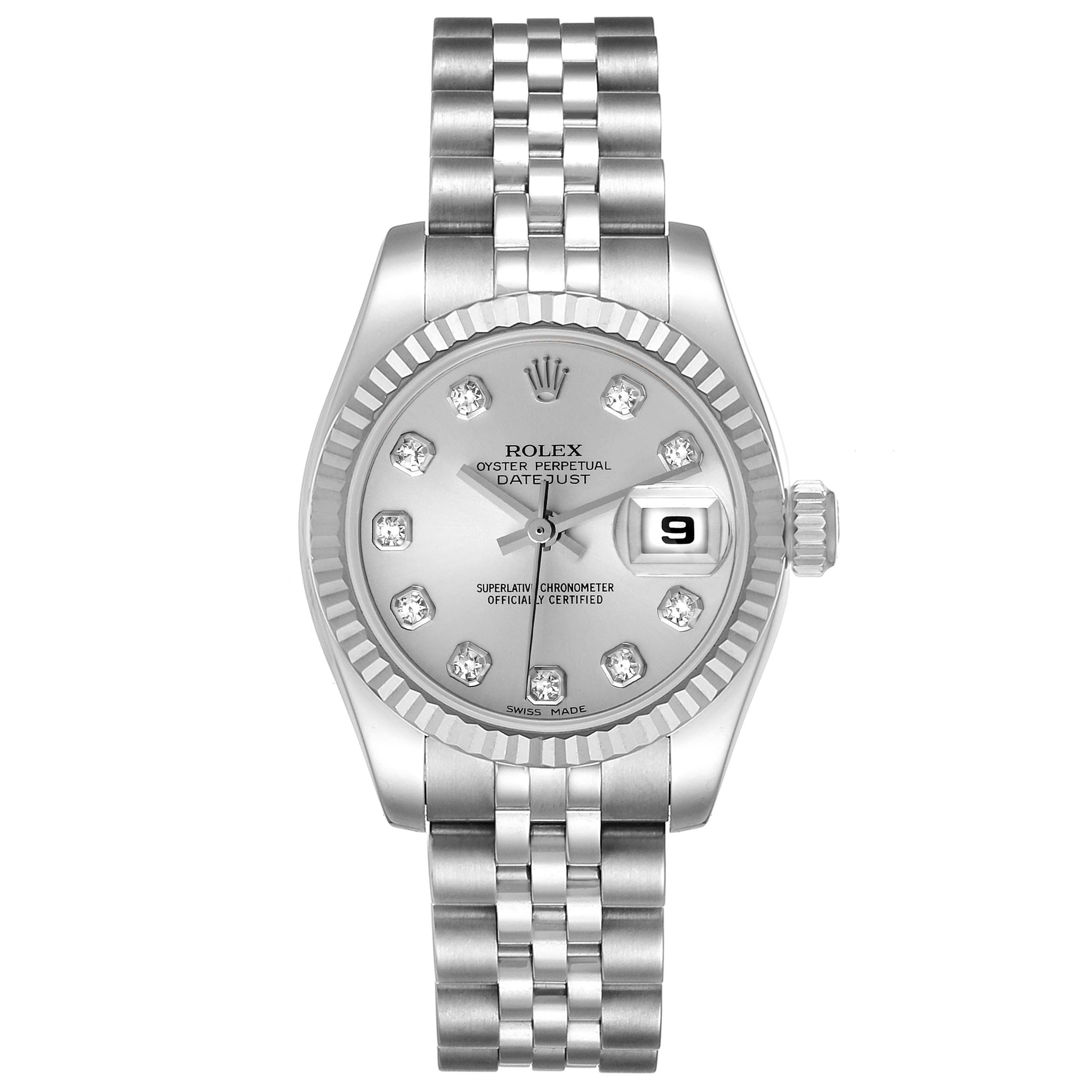 This image shows a front view of a Rolex Datejust 179174 Women's Stainless Steel Silver Dial 179174 Women's Stainless Steel Silver Dial watch, displaying its dial, bezel, bracelet, and date window.