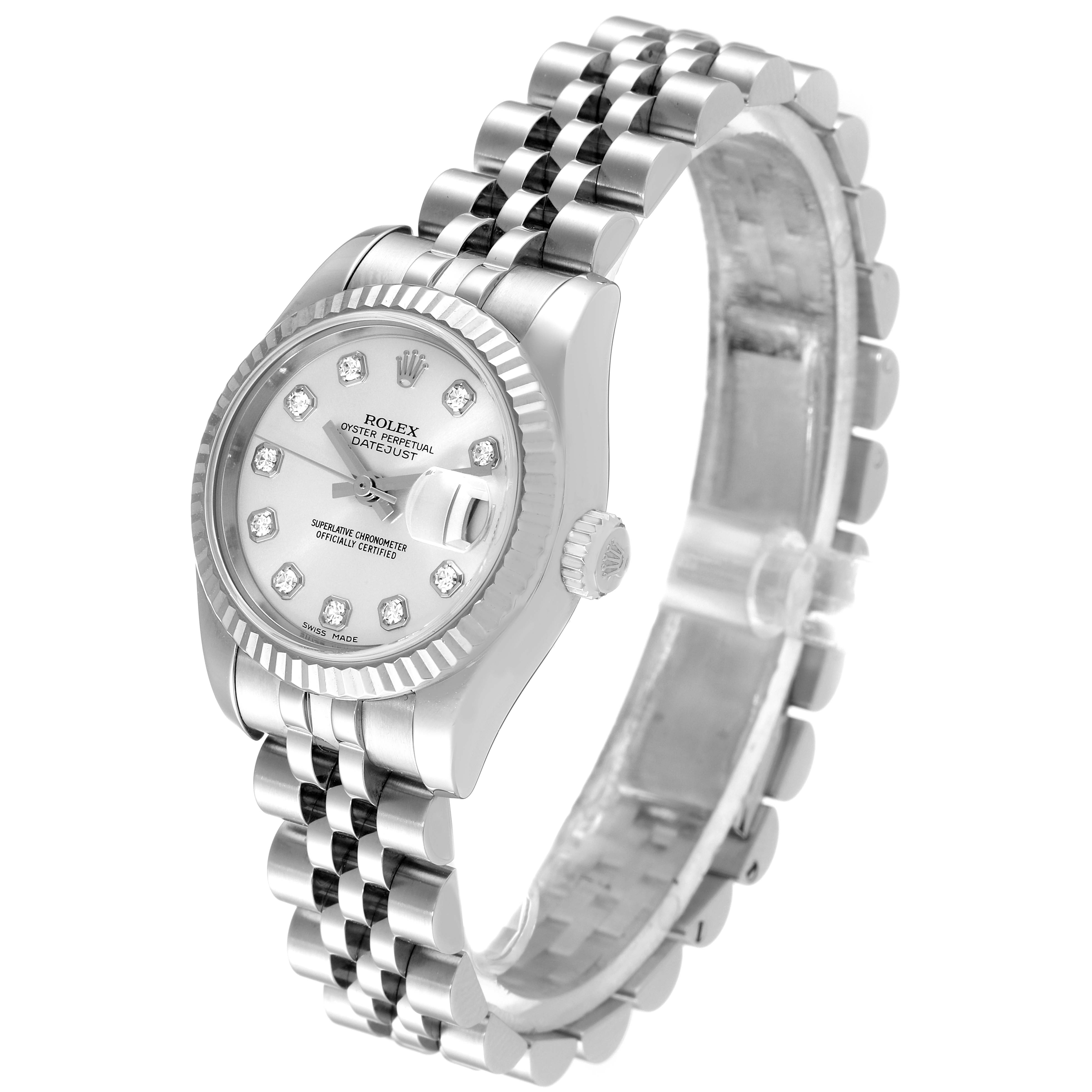 The image shows a Rolex Datejust 179174 Women's Stainless Steel Silver Dial 179174 Women's Stainless Steel Silver Dial watch from a front-side angle, highlighting the dial, bezel, crown, and watch band.