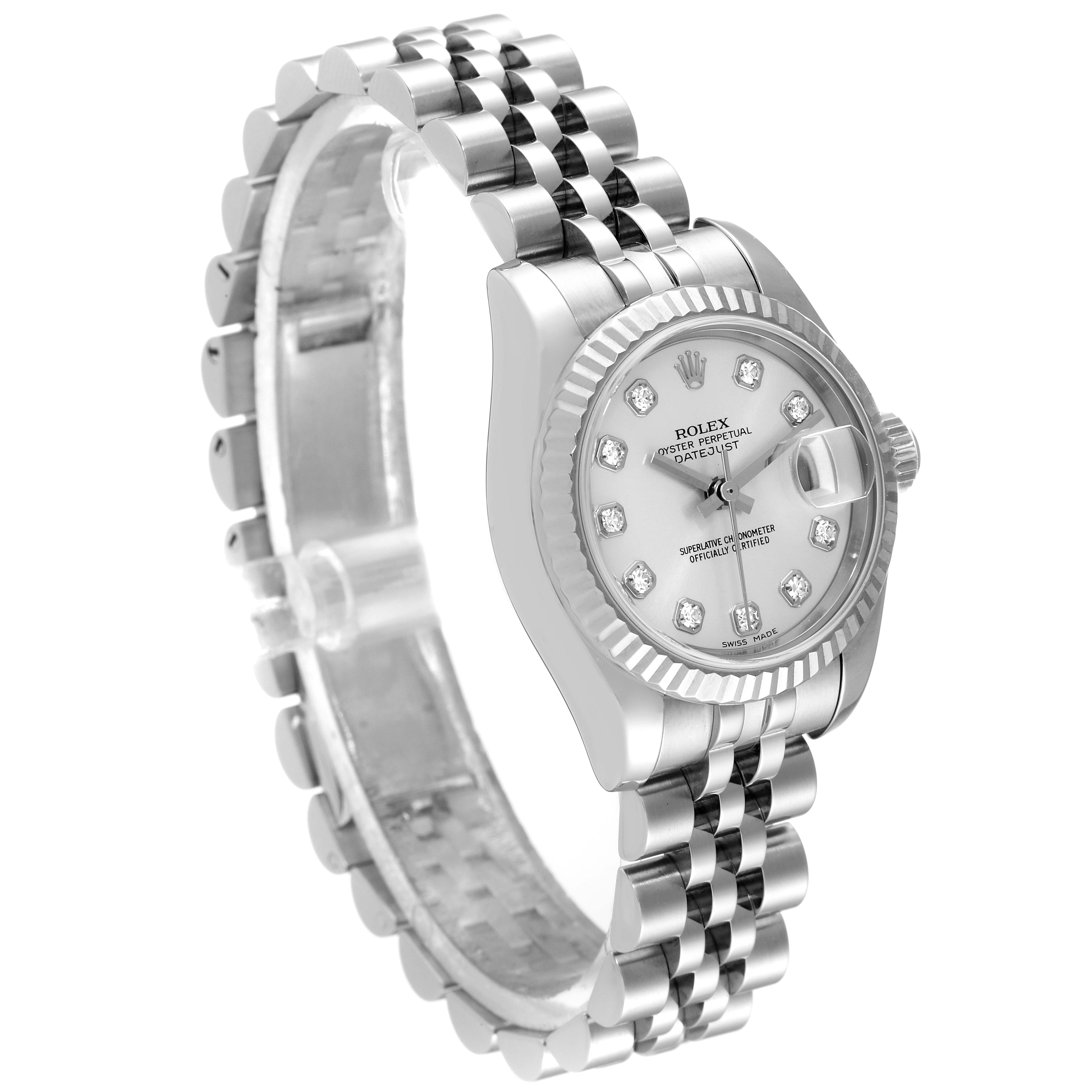 The Rolex Datejust 179174 Women's Stainless Steel Silver Dial 179174 Women's Stainless Steel Silver Dial watch is shown from a three-quarter angle, displaying the bracelet, bezel, crown, dial, and date window.