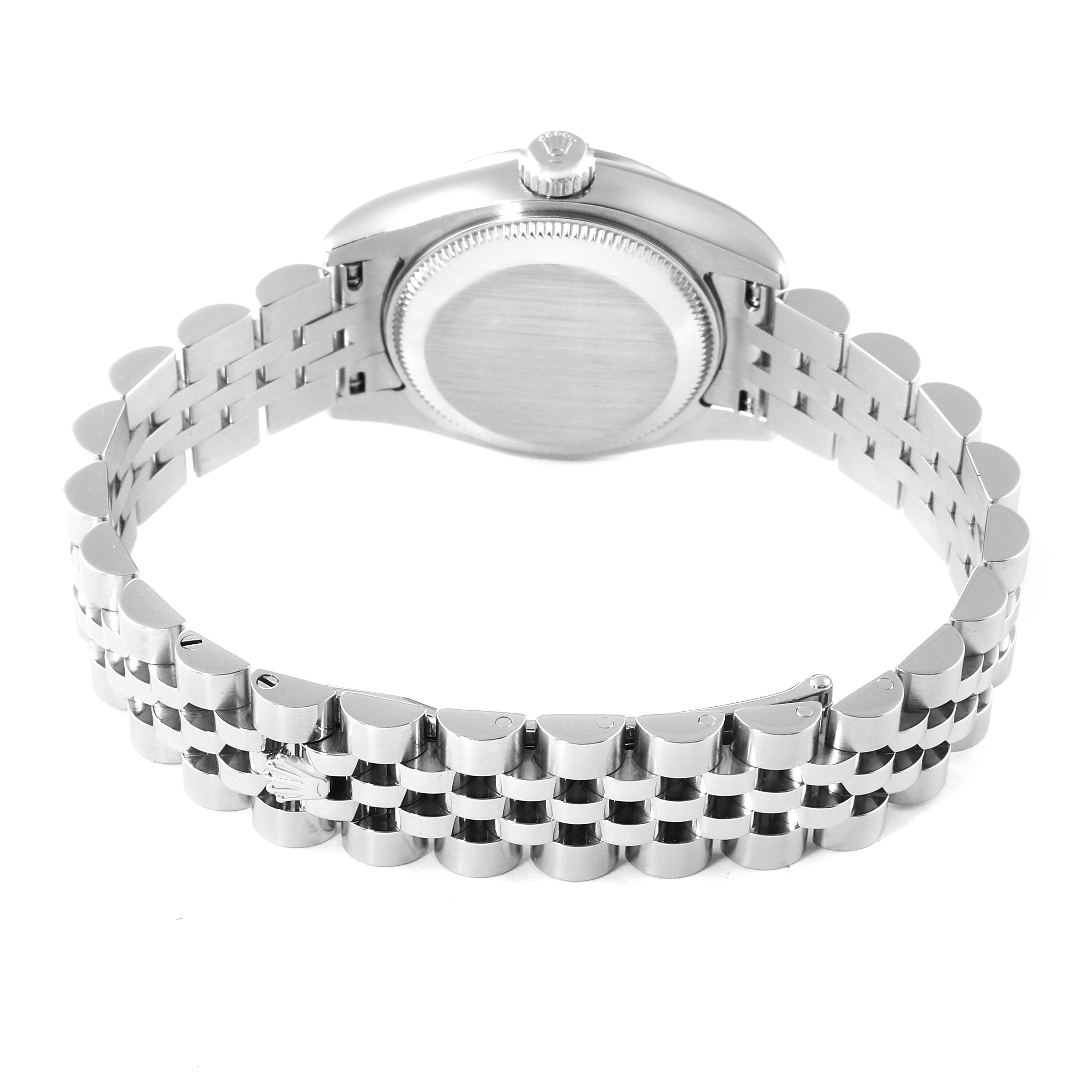 This image shows the back of a Rolex Datejust 179174 Women's Stainless Steel Silver Dial 179174 Women's Stainless Steel Silver Dial watch, including the case back and the Jubilee bracelet.