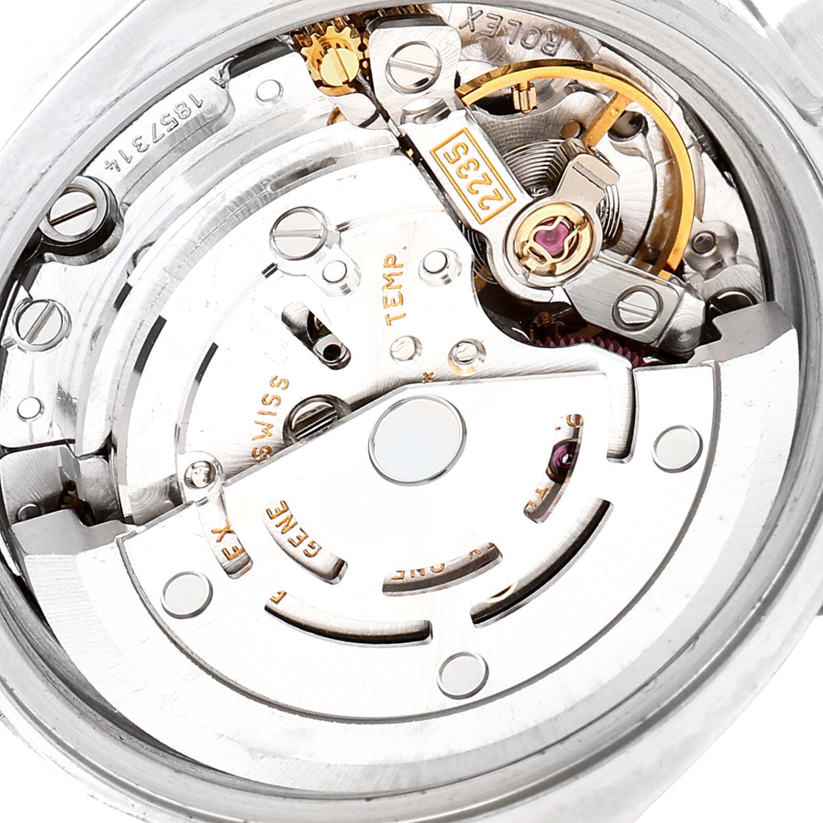 This image shows the detailed movement mechanism of a Rolex Datejust 179174 Women's Stainless Steel Silver Dial 179174 Women's Stainless Steel Silver Dial watch from a rear angle.