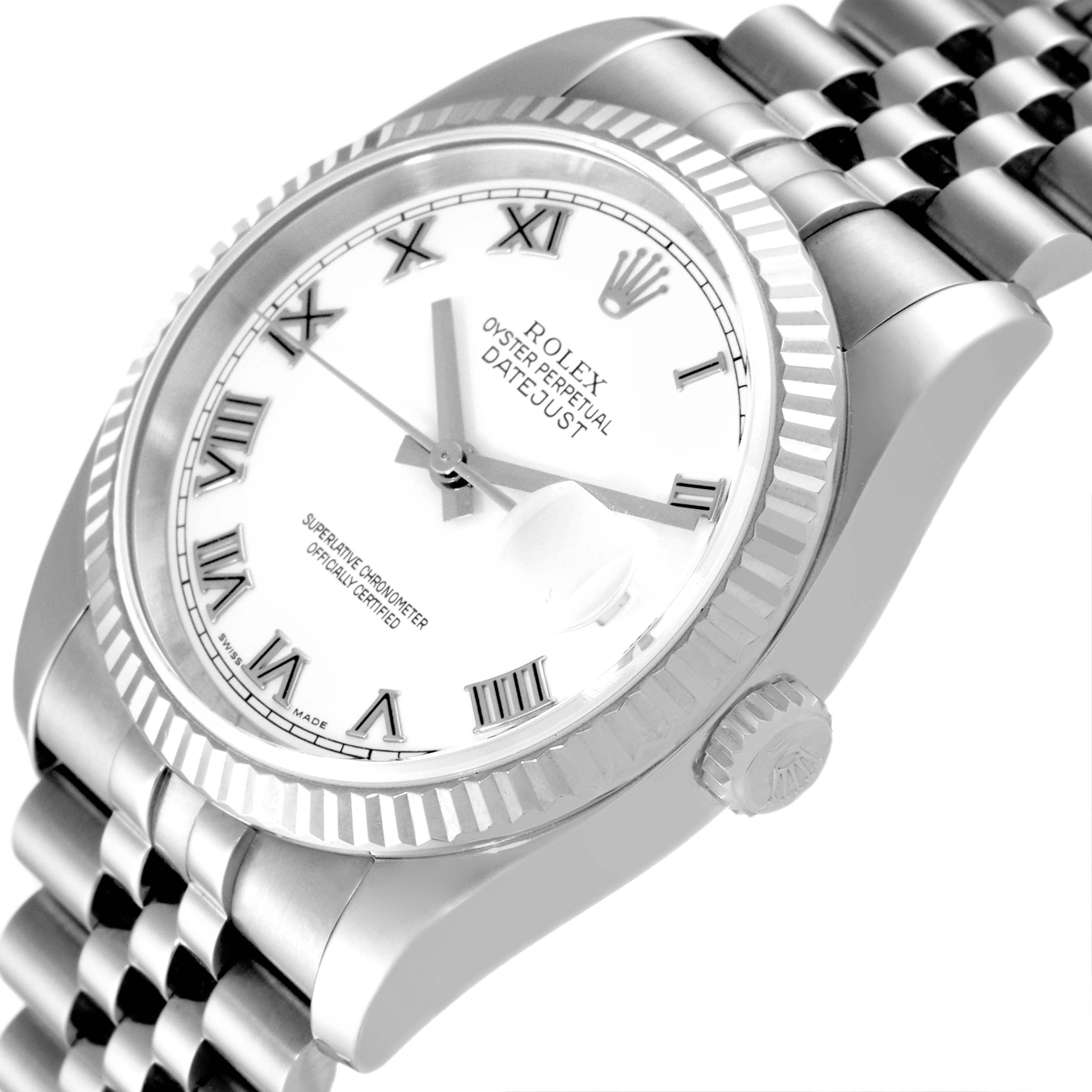 The image shows a close-up angled view of the Rolex Datejust 116234 Men's Stainless Steel White Dial 116234 Men's Stainless Steel White Dial watch, highlighting its dial, bezel, crown, and part of the bracelet.