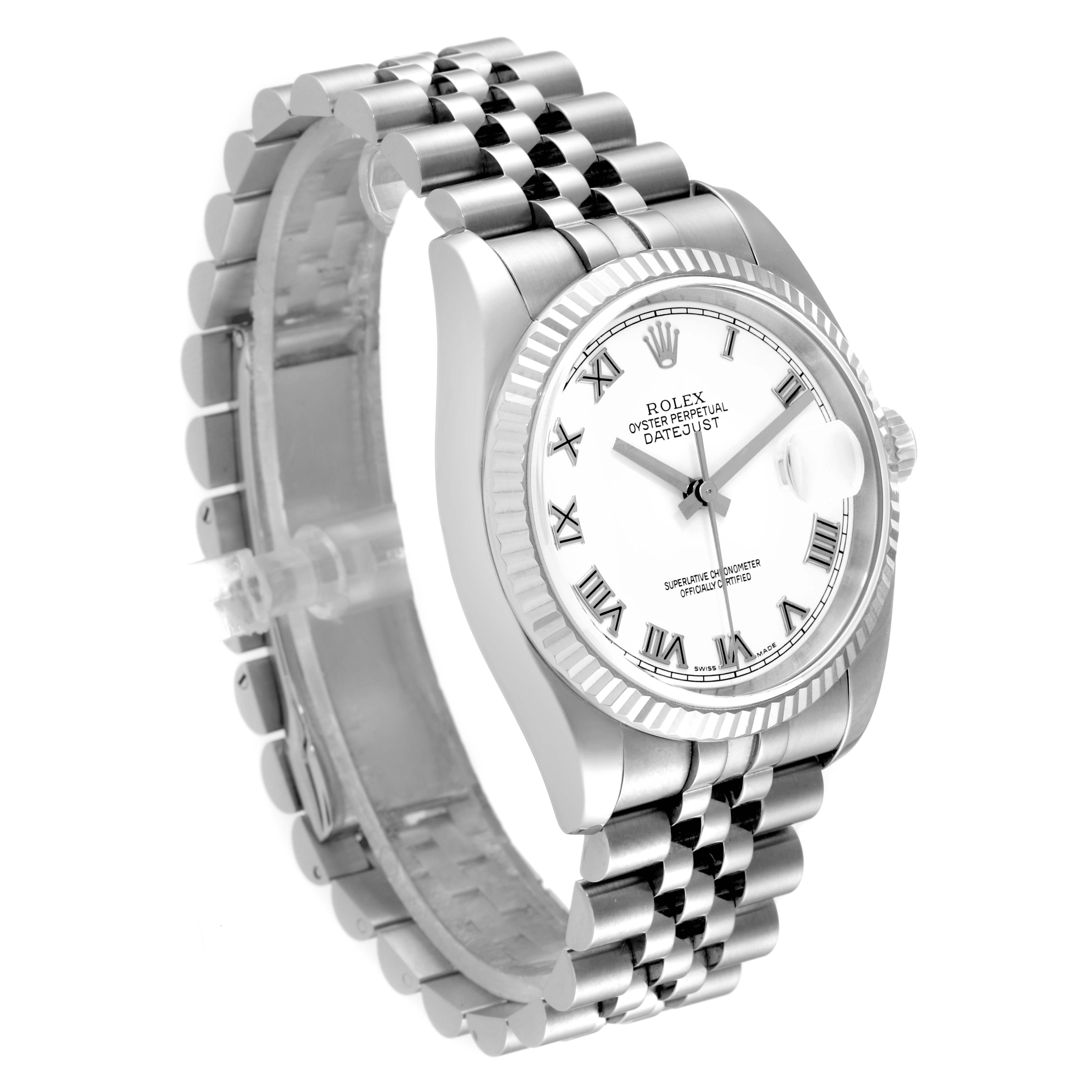 The image shows a side and front angle of a Rolex Datejust 116234 Men's Stainless Steel White Dial 116234 Men's Stainless Steel White Dial watch, showcasing its bracelet, dial, and case.