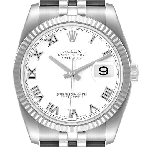 Photo of Rolex Datejust Steel White Gold White Roman Dial Mens Watch 116234 Box Papers
