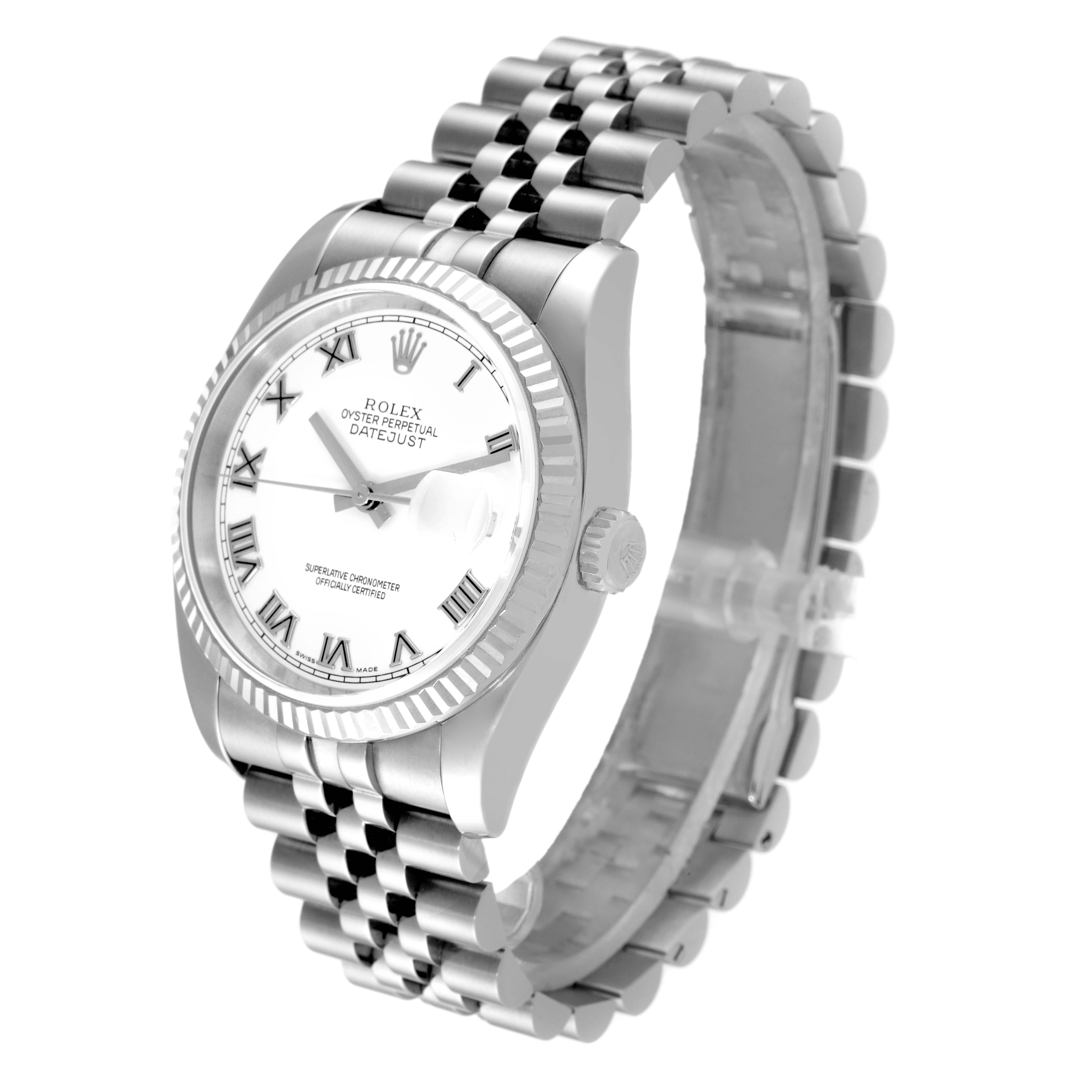 This is a side-angle view of the Rolex Datejust 116234 Men's Stainless Steel White Dial 116234 Men's Stainless Steel White Dial watch, showing the face, bezel, and part of the bracelet.