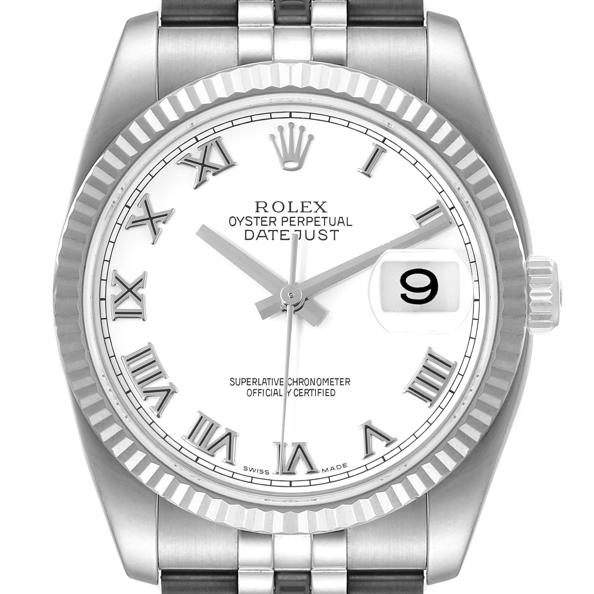 This Rolex Datejust 116234 Men's Stainless Steel White Dial 116234 Men's Stainless Steel White Dial watch is shown from a front angle, displaying its dial, bezel, crown, and part of the bracelet.